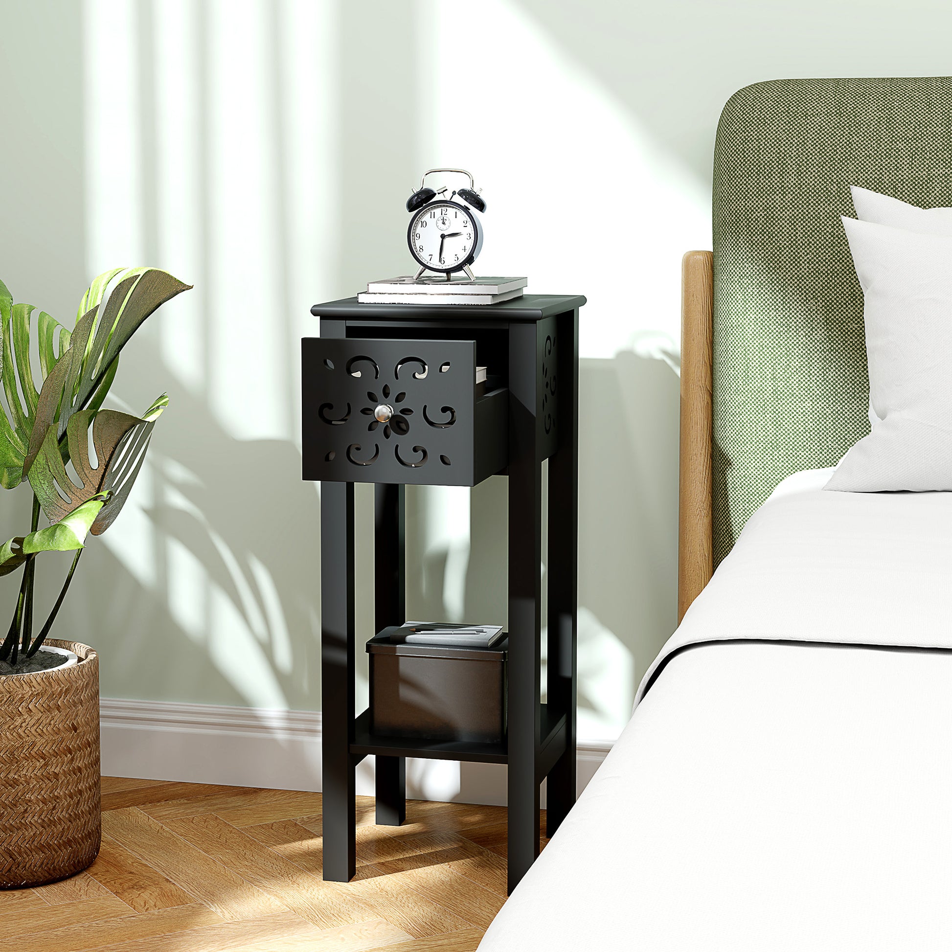 Nightstand Set of 2 with Drawer and Open Storage Shelf Black-Home Furnishings > Living Room Furniture > Side¬†Tables-DECOROLALA