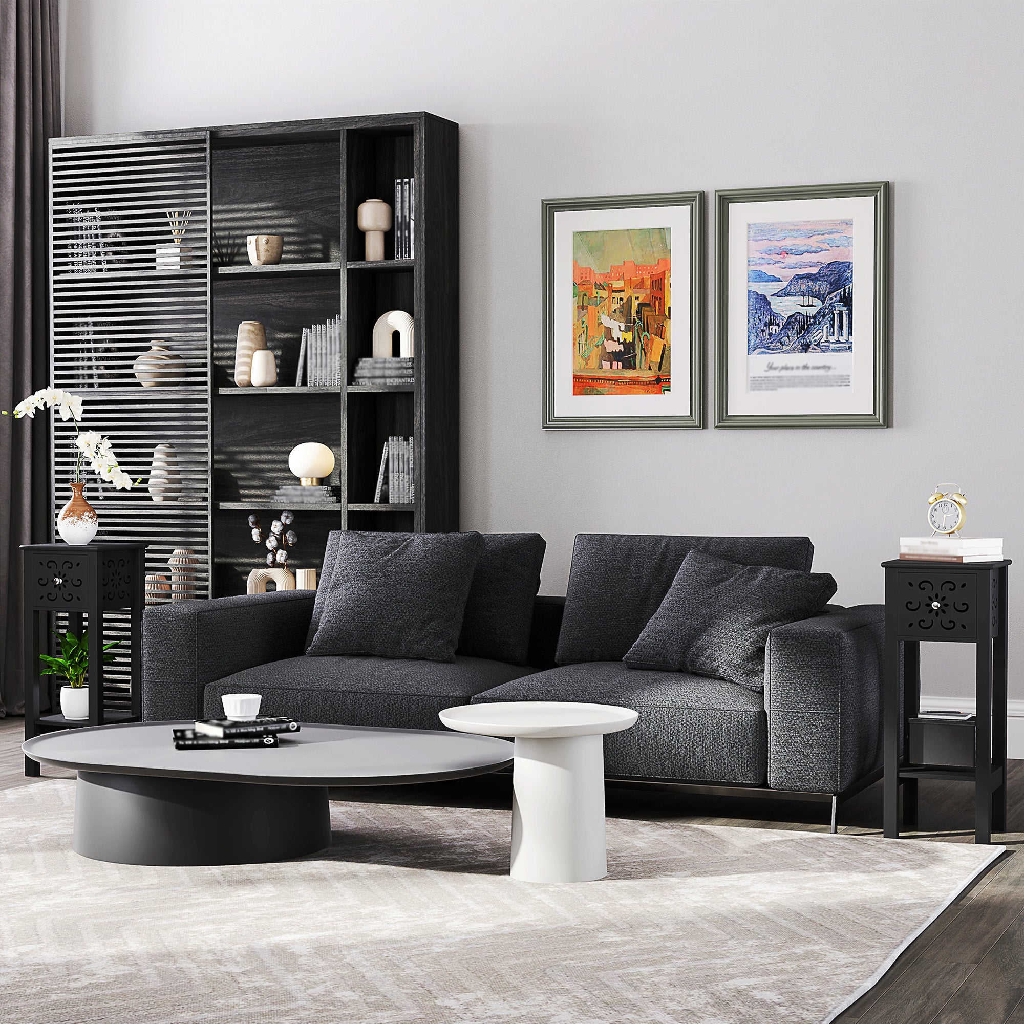 Nightstand Set of 2 with Drawer and Open Storage Shelf Black-Home Furnishings > Living Room Furniture > Side¬†Tables-DECOROLALA