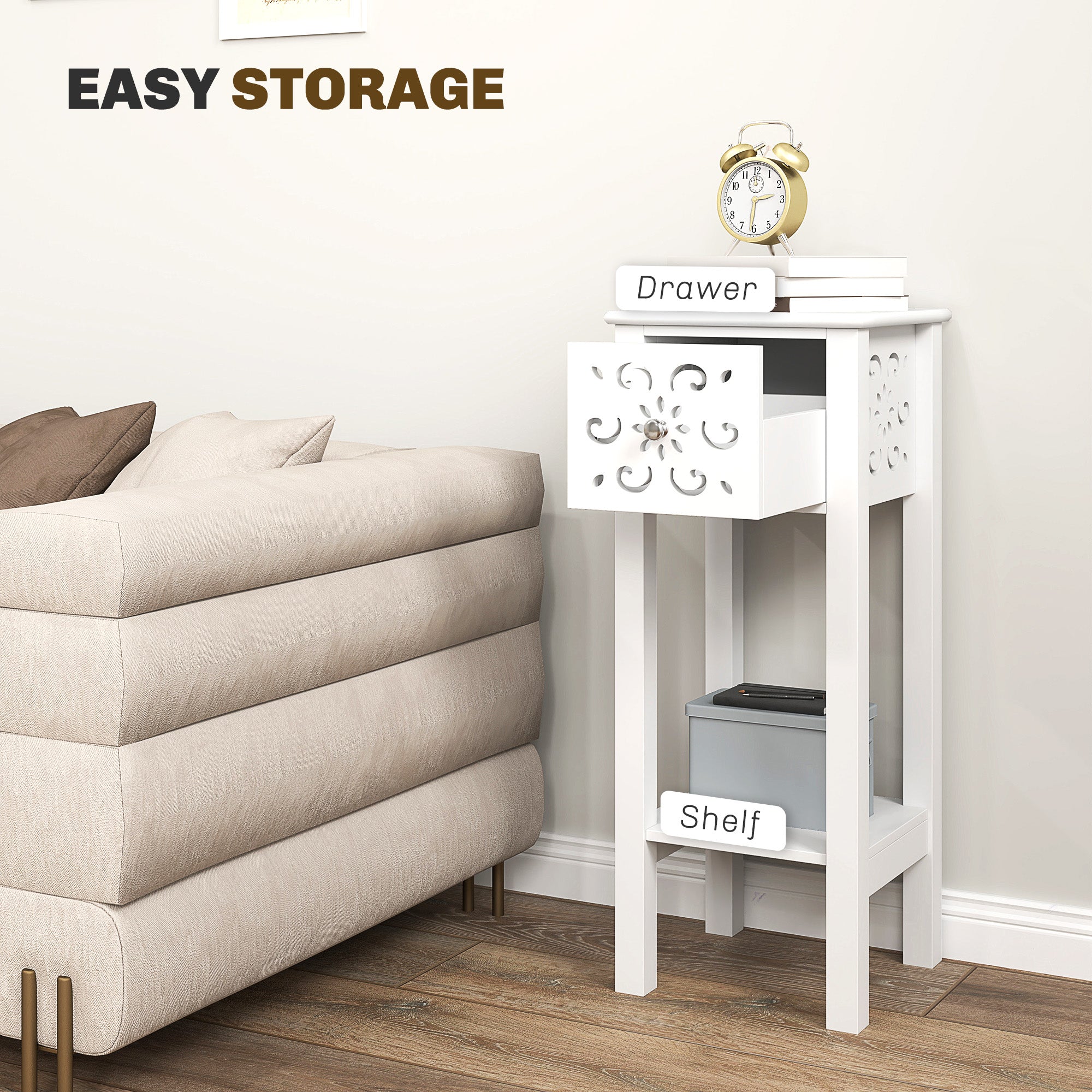 Nightstand Set of 2 with Drawer and Open Storage Shelf White-Home Furnishings > Living Room Furniture > Side¬†Tables-DECOROLALA