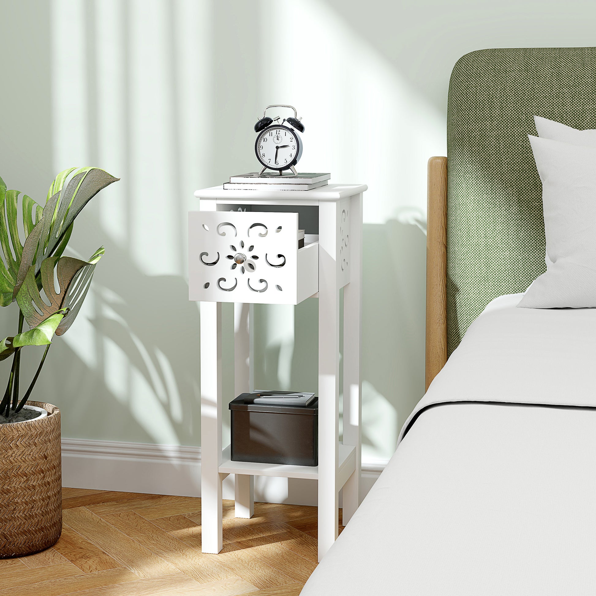 Nightstand Set of 2 with Drawer and Open Storage Shelf White-Home Furnishings > Living Room Furniture > Side¬†Tables-DECOROLALA
