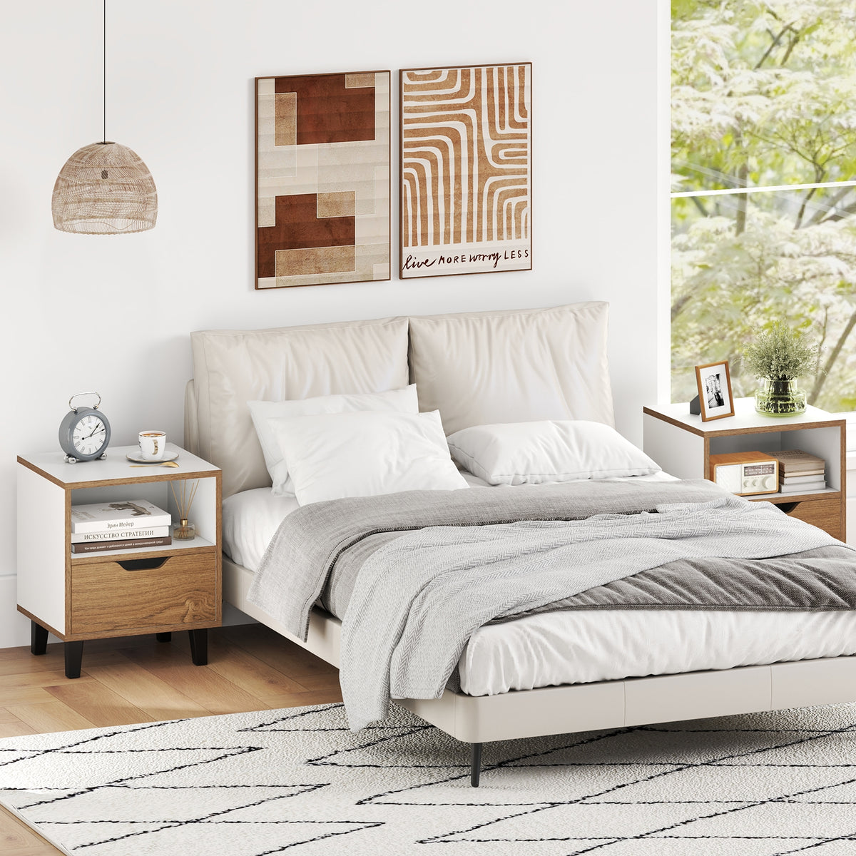 Nightstand Set of 2 with Drawer and Open Storage Shelf for Bedroom-White-Nightstands-DECOROLALA