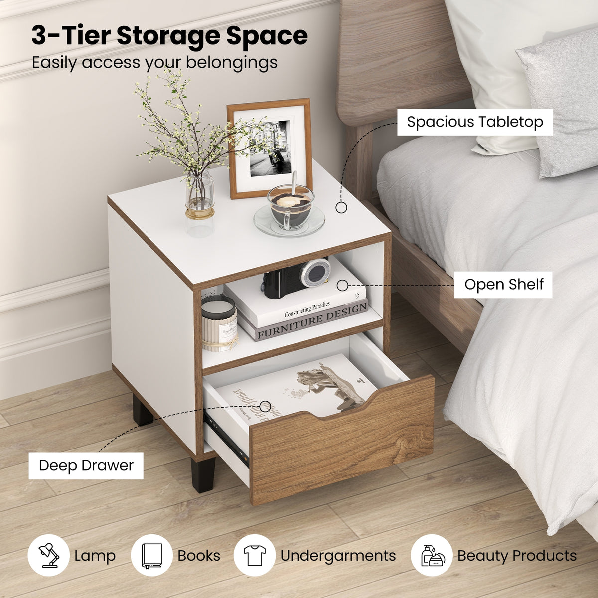 Nightstand Set of 2 with Drawer and Open Storage Shelf for Bedroom-White-Nightstands-DECOROLALA