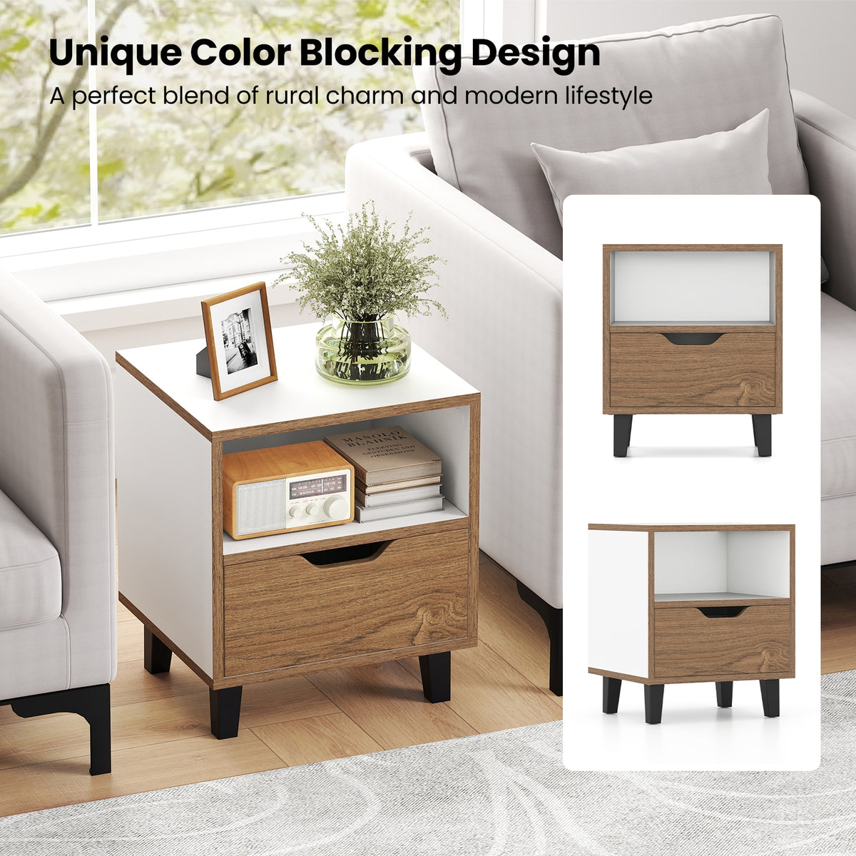Nightstand Set of 2 with Drawer and Open Storage Shelf for Bedroom-White-Nightstands-DECOROLALA