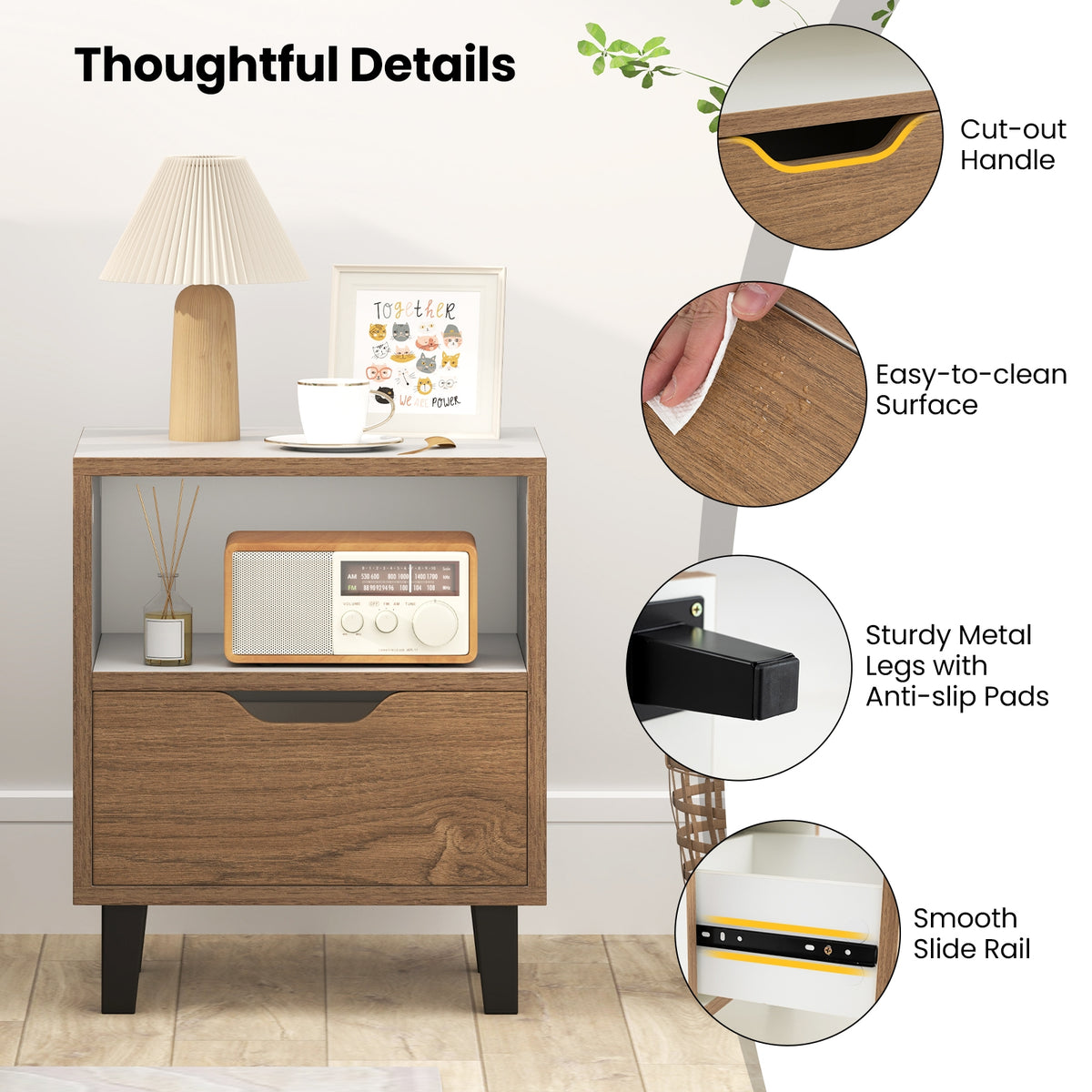 Nightstand Set of 2 with Drawer and Open Storage Shelf for Bedroom-White-Nightstands-DECOROLALA