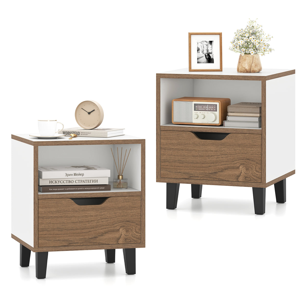 Nightstand Set of 2 with Drawer and Open Storage Shelf for Bedroom-White-Nightstands-DECOROLALA