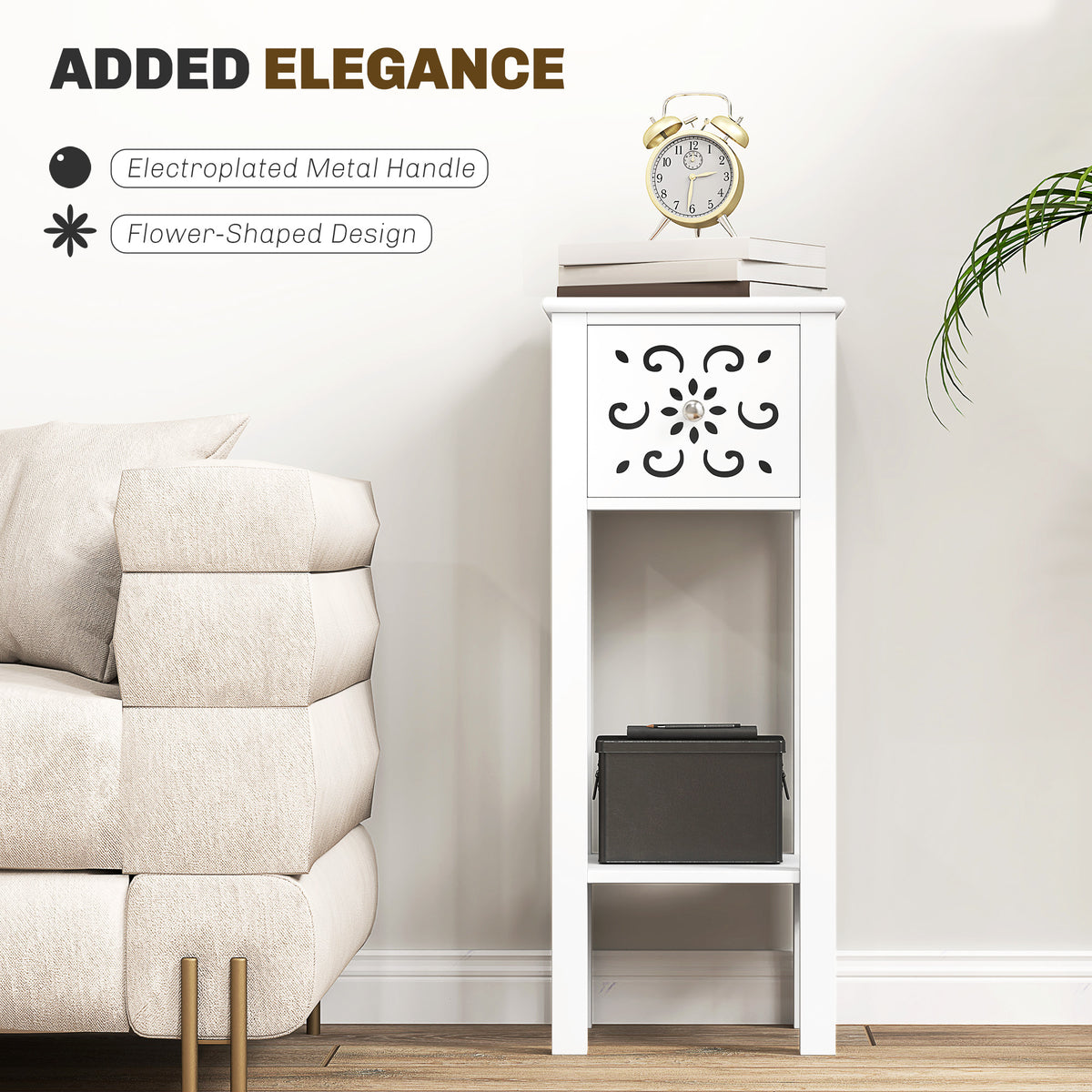 Nightstand Set of 2 with Drawer and Shelf - White MDF-End & Side Tables-DECOROLALA