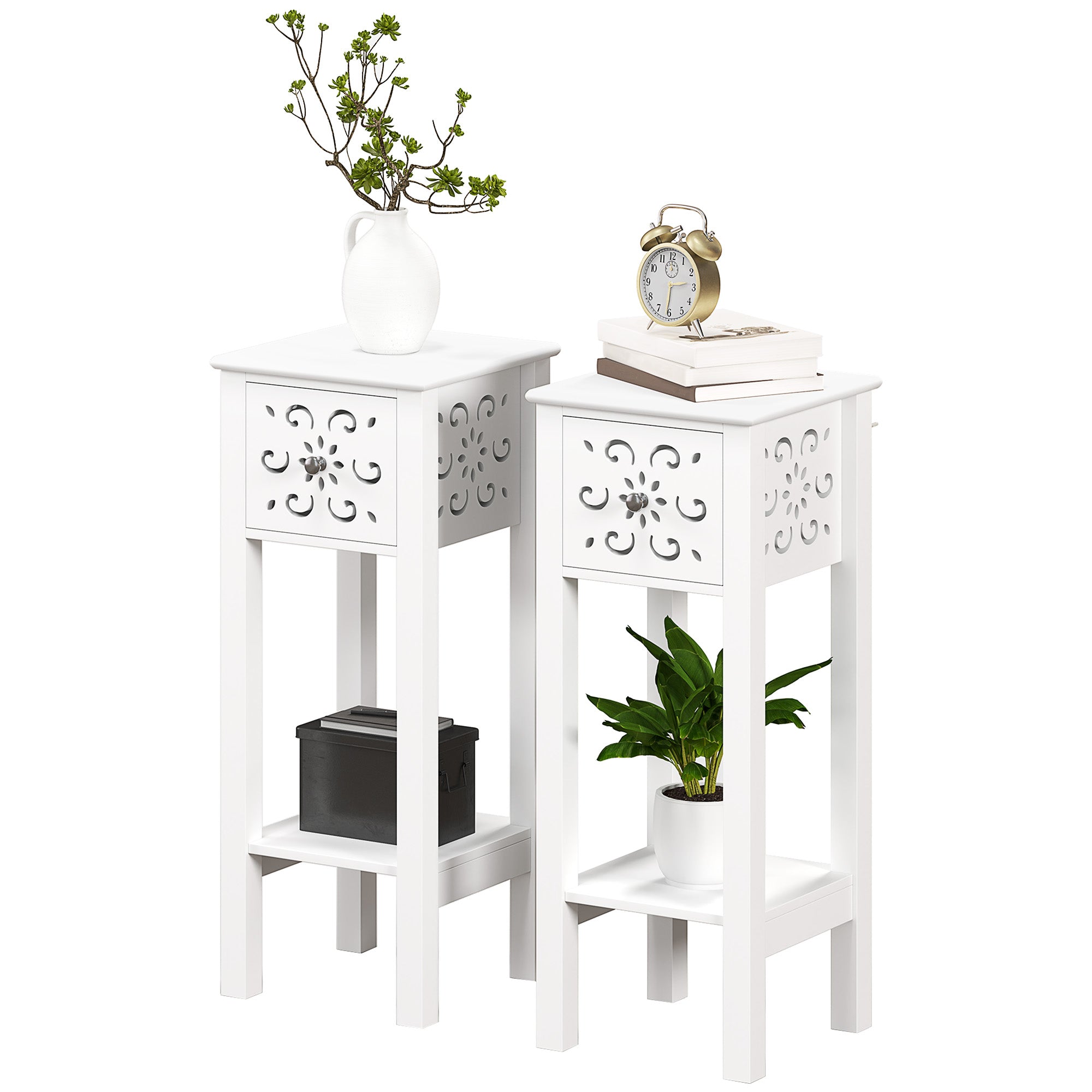Nightstand Set of 2 with Drawer and Shelf - White MDF-Home Furnishings > Living Room Furniture > Side¬†Tables-DECOROLALA