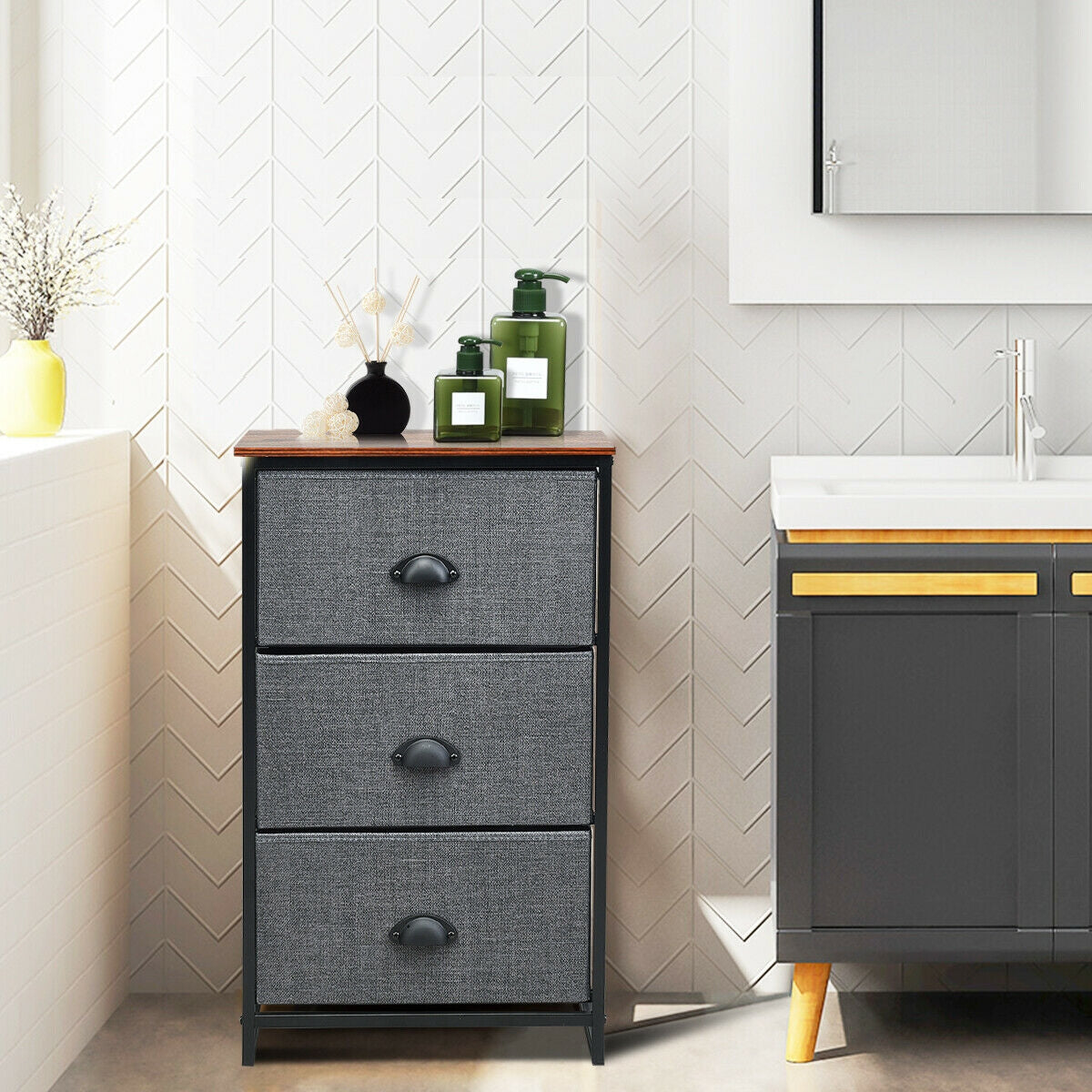 Nightstand Side Table Storage Tower Dresser Chest with 3 Drawers-Black-Nightstands-DECOROLALA