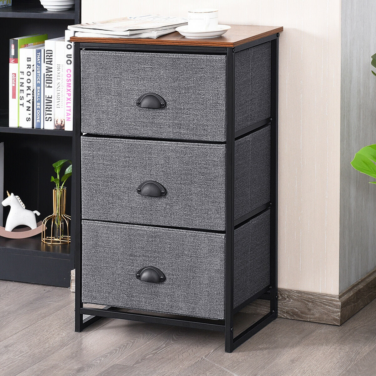 Nightstand Side Table Storage Tower Dresser Chest with 3 Drawers-Black-Nightstands-DECOROLALA
