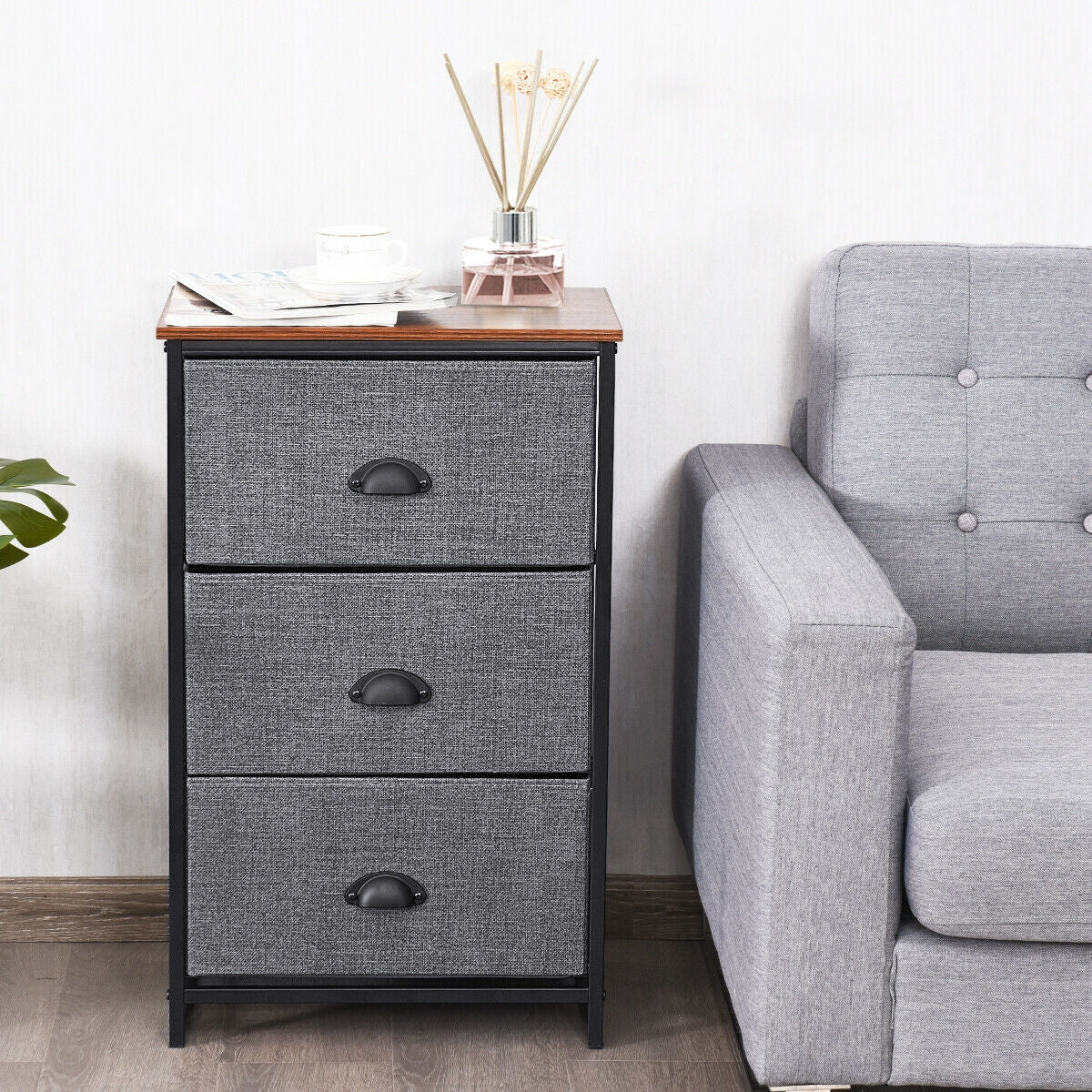 Nightstand Side Table Storage Tower Dresser Chest with 3 Drawers-Black-Nightstands-DECOROLALA