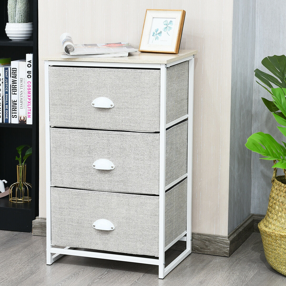 Nightstand Side Table Storage Tower Dresser Chest with 3 Drawers-Gray-Nightstands-DECOROLALA