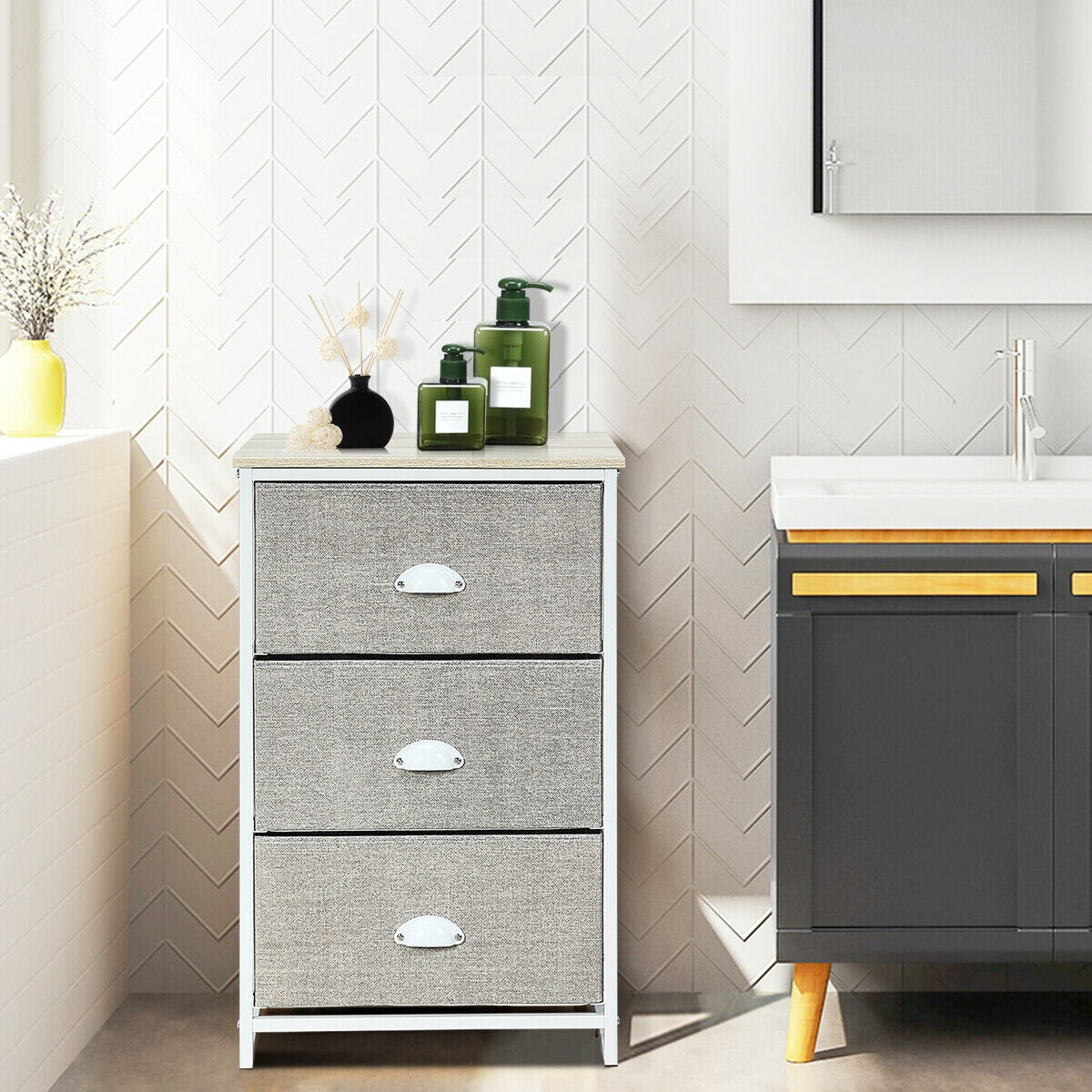 Nightstand Side Table Storage Tower Dresser Chest with 3 Drawers-Gray-Nightstands-DECOROLALA