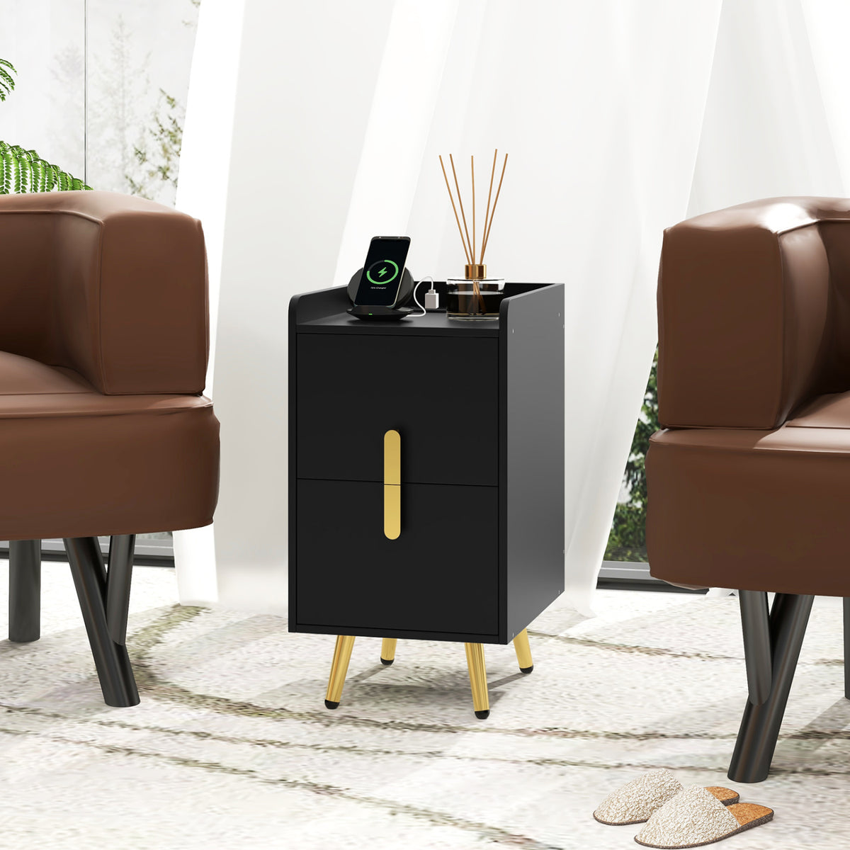 Nightstand Side Tables with 2 Drawers and 2 USB Ports-Black-Nightstands-DECOROLALA
