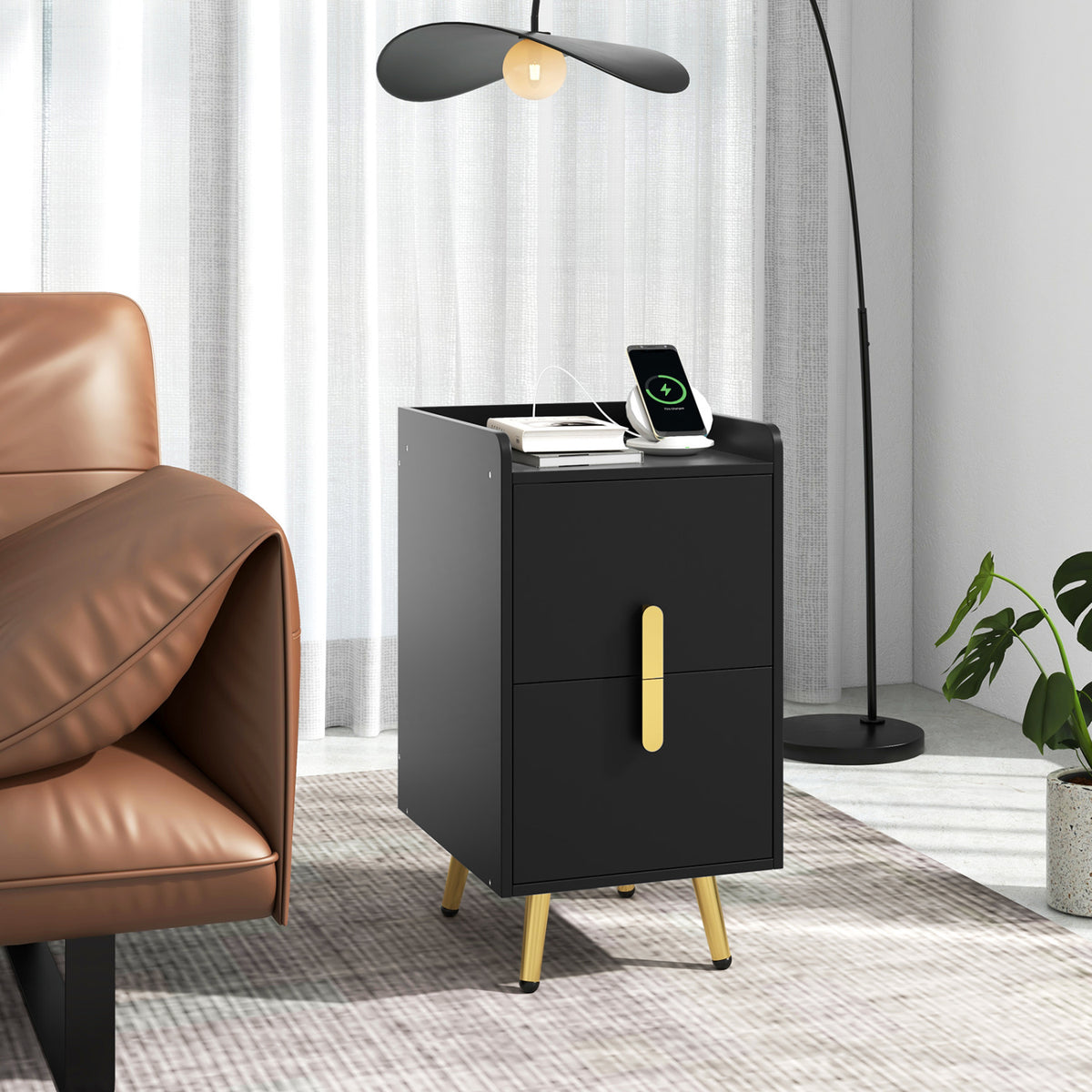 Nightstand Side Tables with 2 Drawers and 2 USB Ports-Black-Nightstands-DECOROLALA
