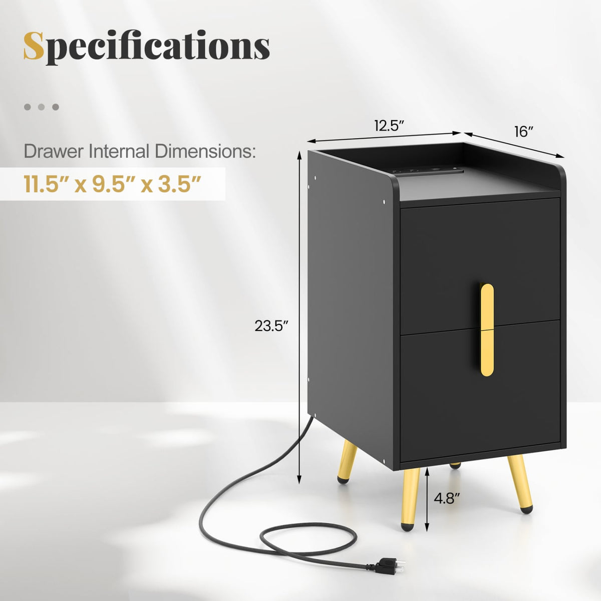 Nightstand Side Tables with 2 Drawers and 2 USB Ports-Black-Nightstands-DECOROLALA
