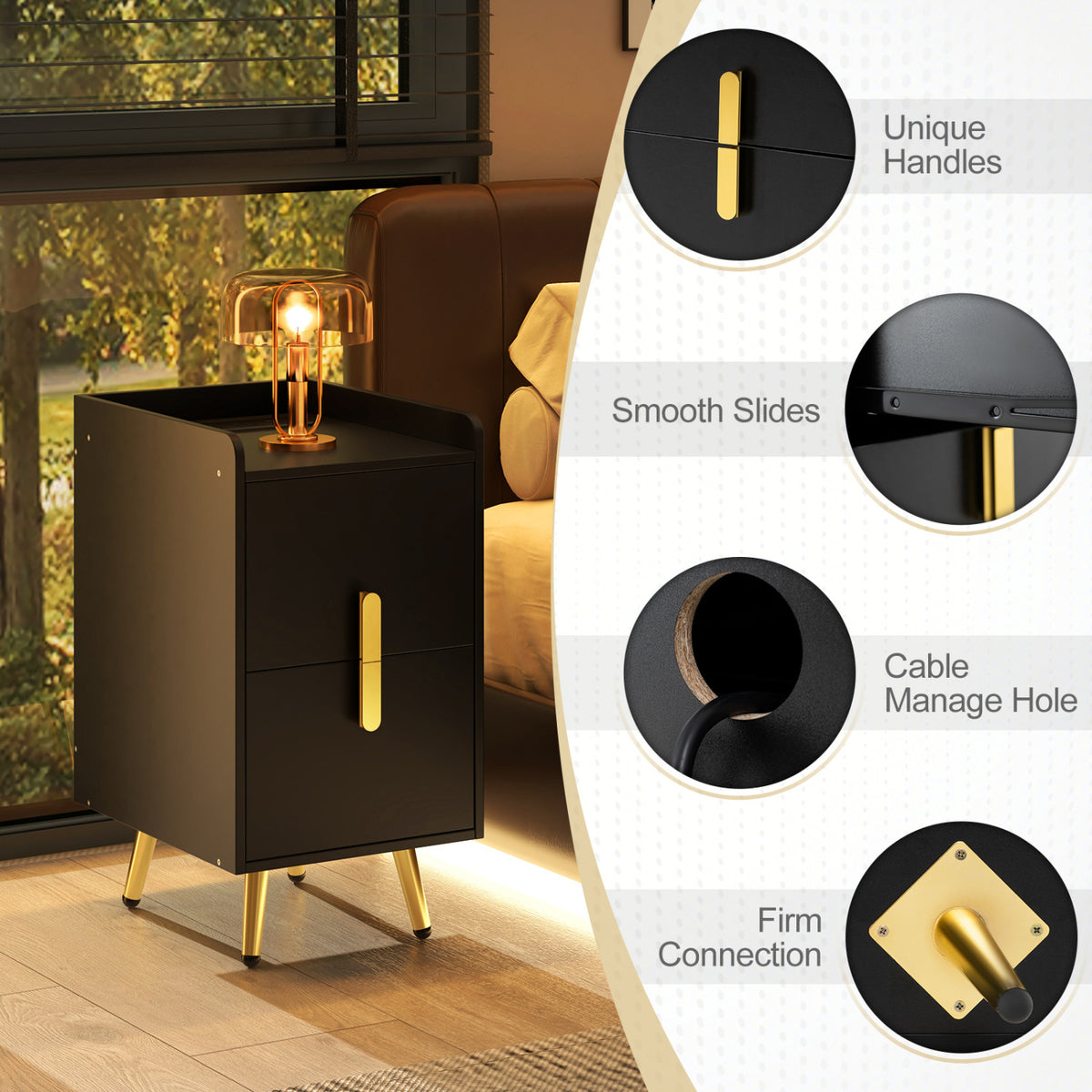 Nightstand Side Tables with 2 Drawers and 2 USB Ports-Black-Nightstands-DECOROLALA