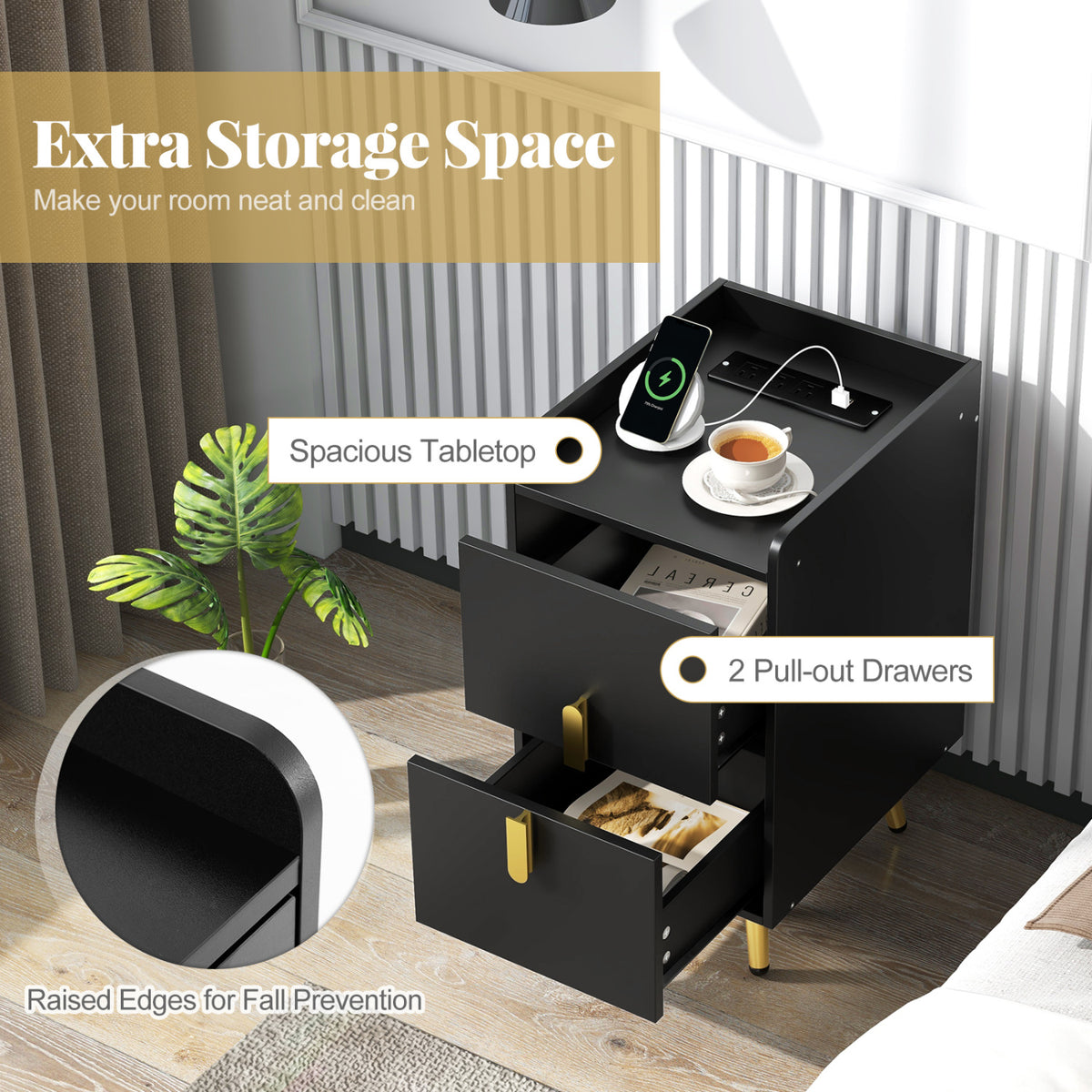 Nightstand Side Tables with 2 Drawers and 2 USB Ports-Black-Nightstands-DECOROLALA