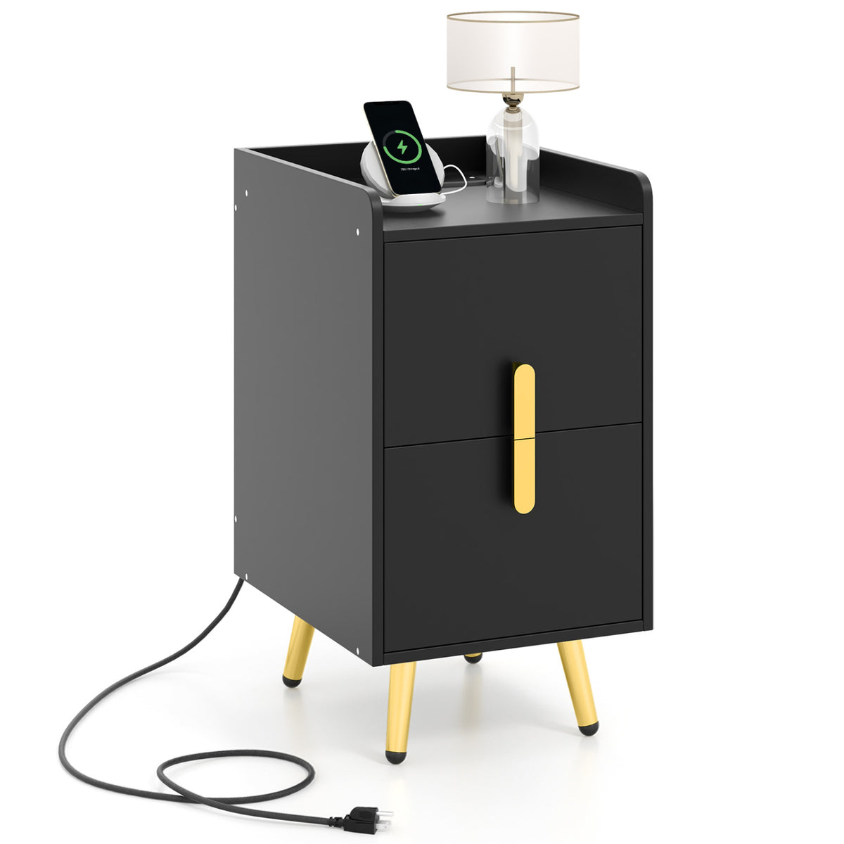Nightstand Side Tables with 2 Drawers and 2 USB Ports-Black-Nightstands-DECOROLALA