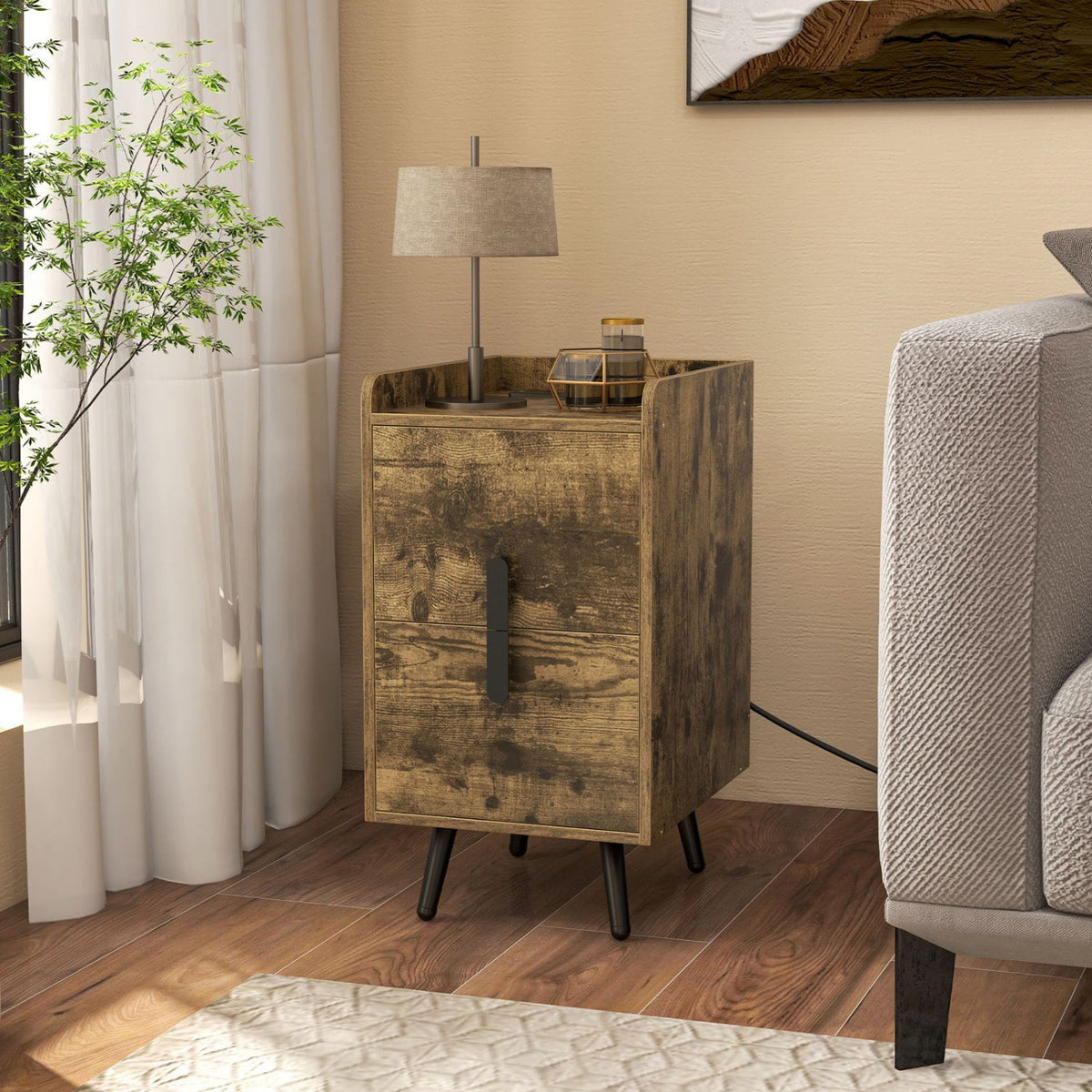 Nightstand Side Tables with 2 Drawers and 2 USB Ports-Rustic Brown-Nightstands-DECOROLALA