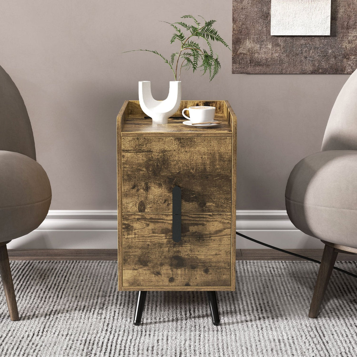 Nightstand Side Tables with 2 Drawers and 2 USB Ports-Rustic Brown-Nightstands-DECOROLALA