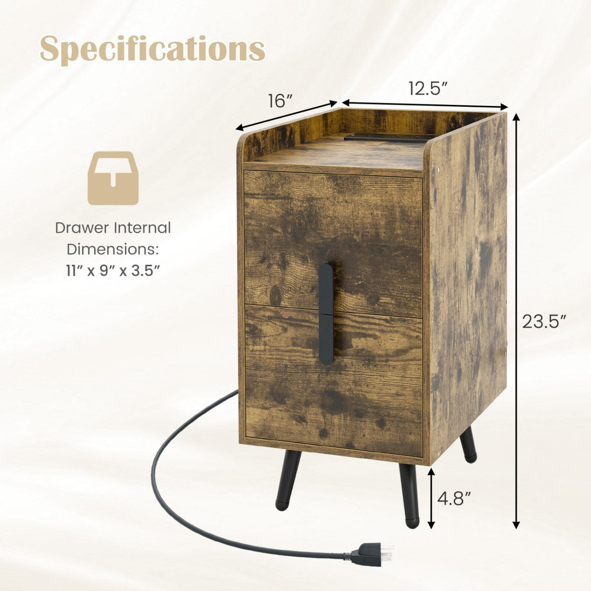 Nightstand Side Tables with 2 Drawers and 2 USB Ports-Rustic Brown-Nightstands-DECOROLALA