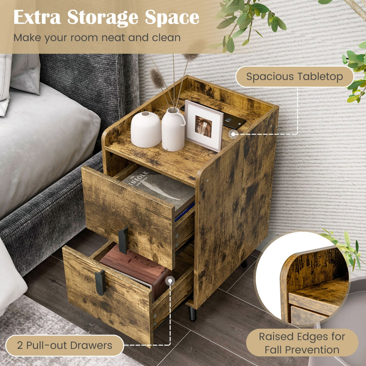 Nightstand Side Tables with 2 Drawers and 2 USB Ports-Rustic Brown-Nightstands-DECOROLALA