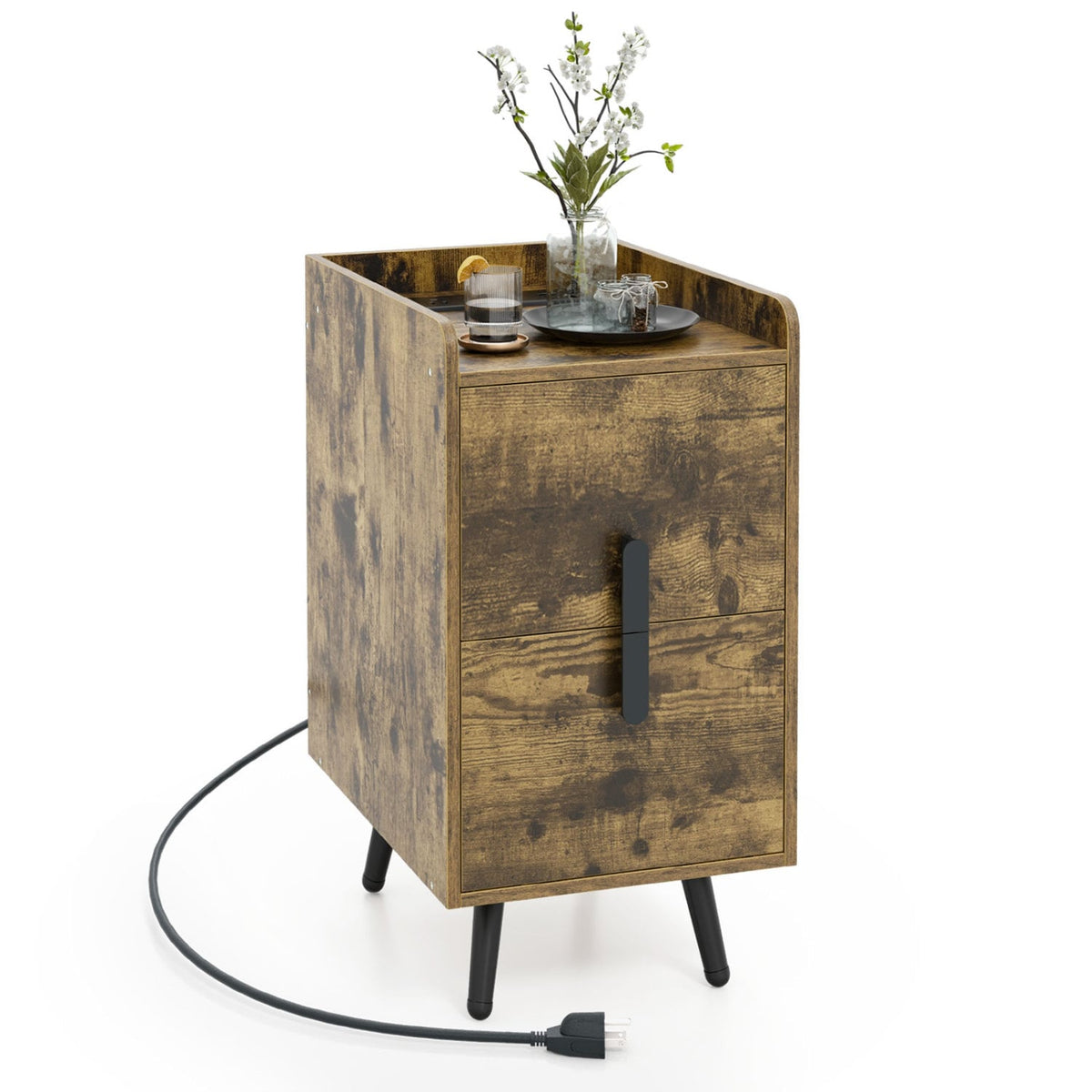 Nightstand Side Tables with 2 Drawers and 2 USB Ports-Rustic Brown-Nightstands-DECOROLALA