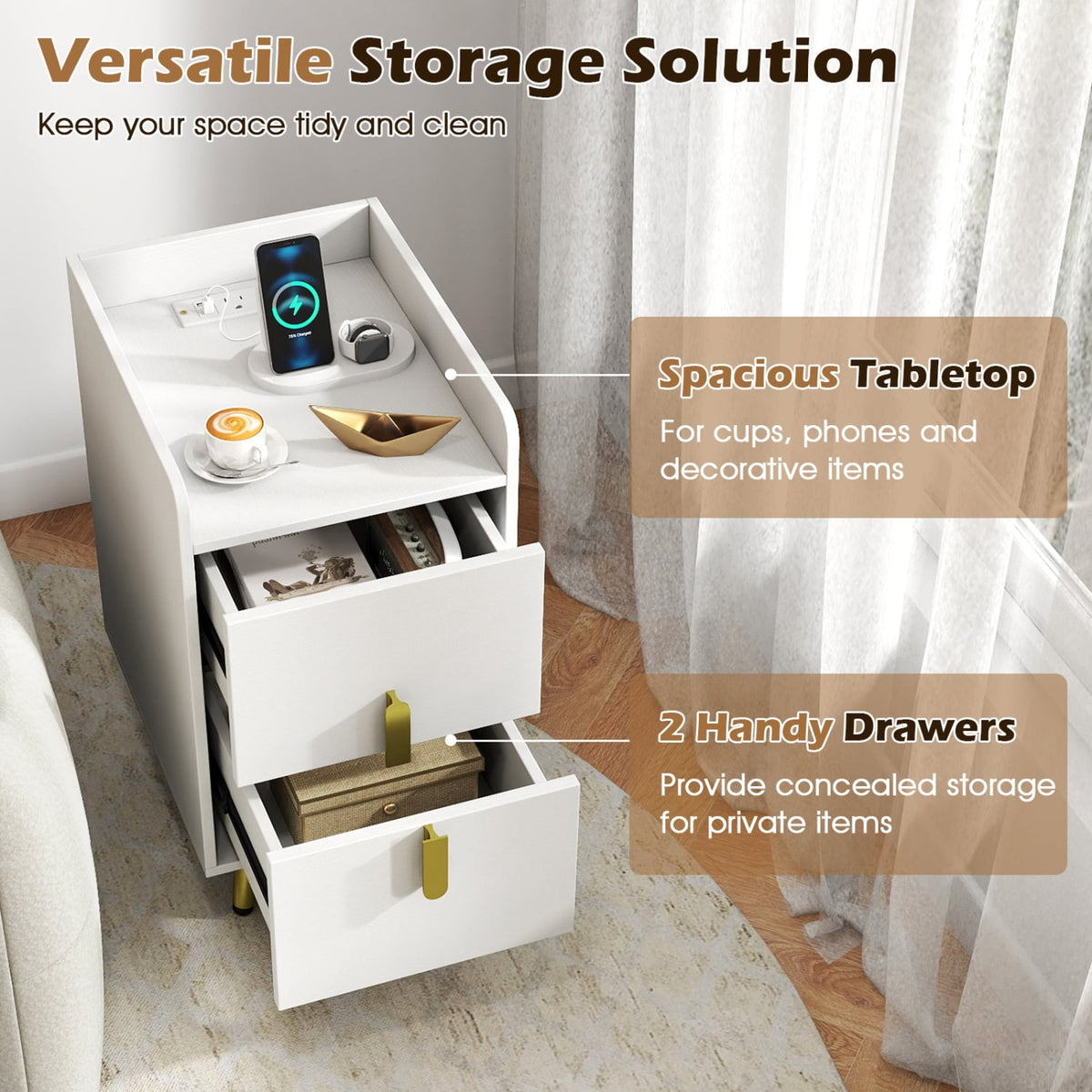 Nightstand Side Tables with 2 Drawers and 2 USB Ports-White-Nightstands-DECOROLALA