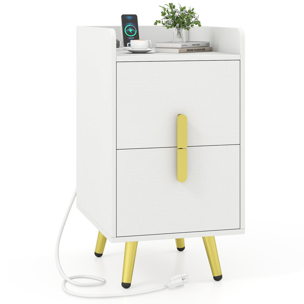 Nightstand Side Tables with 2 Drawers and 2 USB Ports-White-Nightstands-DECOROLALA