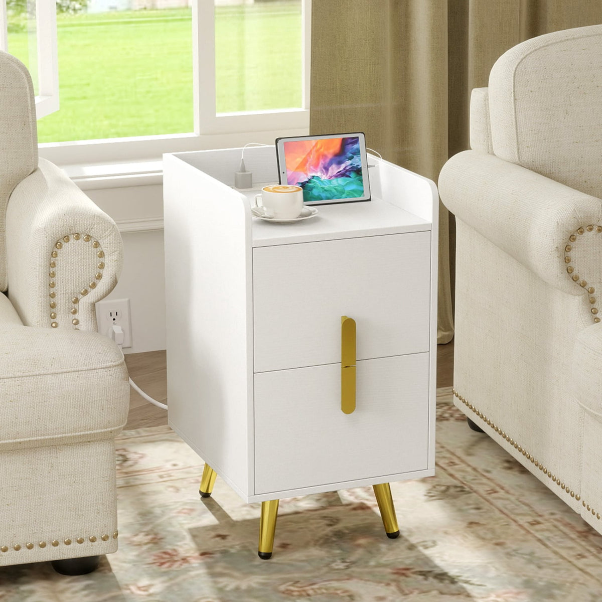 Nightstand Side Tables with 2 Drawers and 2 USB Ports-White-Nightstands-DECOROLALA