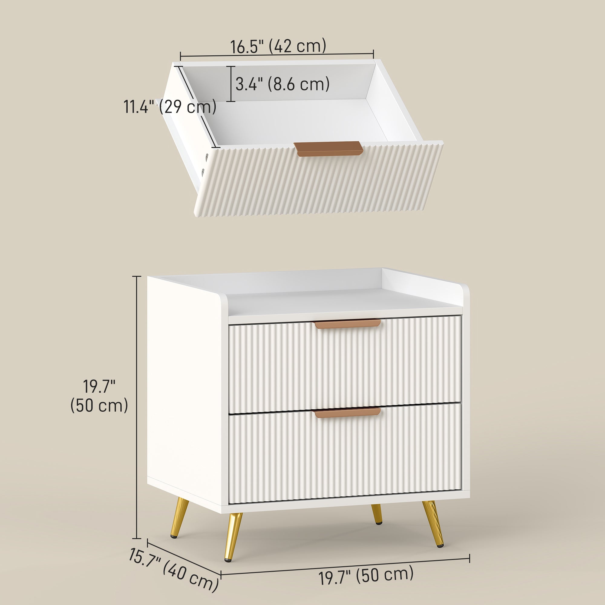 Nightstand - White 2-Drawer Bedside Table with Gold Handles-Home Furnishings > Bedroom Furniture > Bedside Tables-DECOROLALA