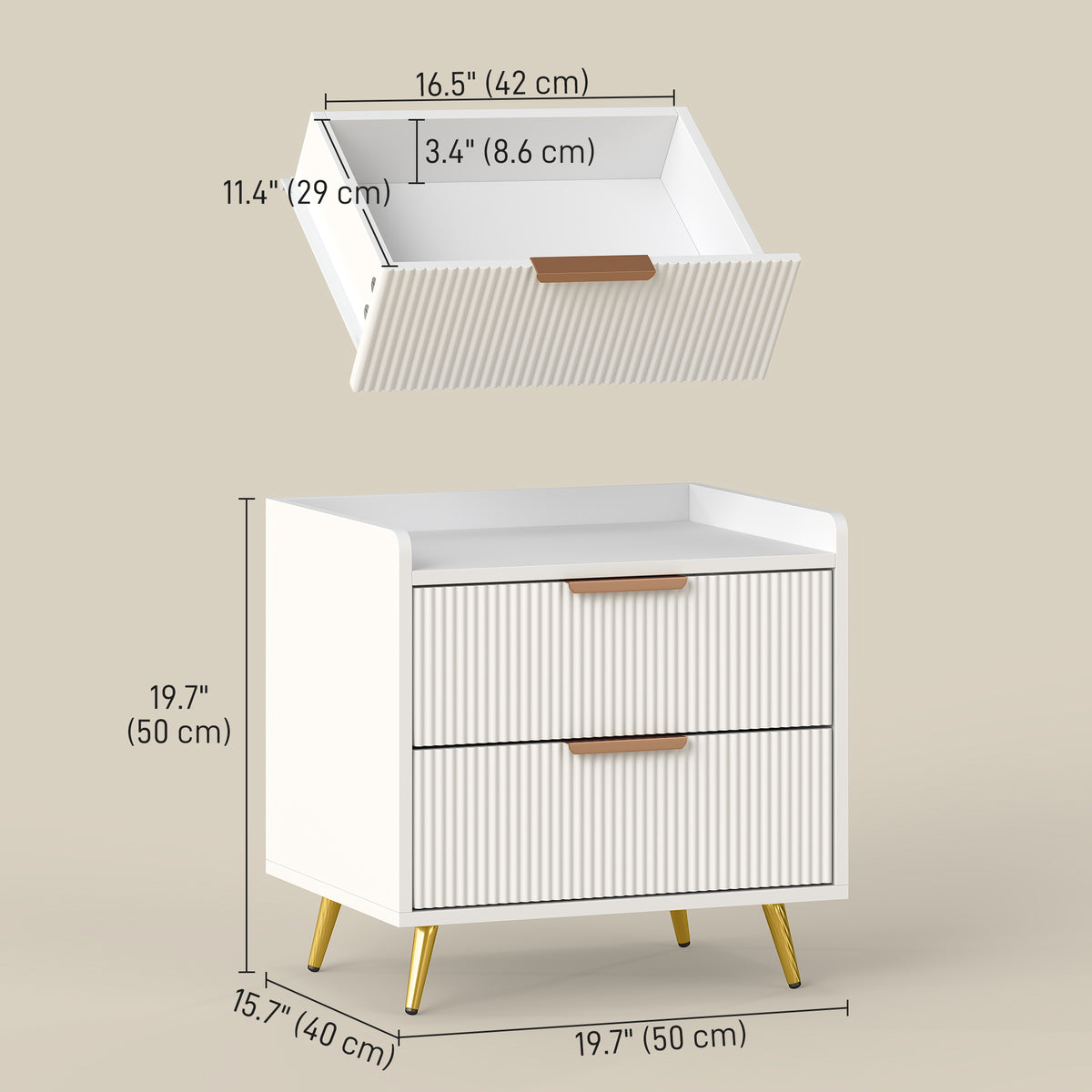 Nightstand - White 2-Drawer Bedside Table with Gold Handles-Nightstands-DECOROLALA