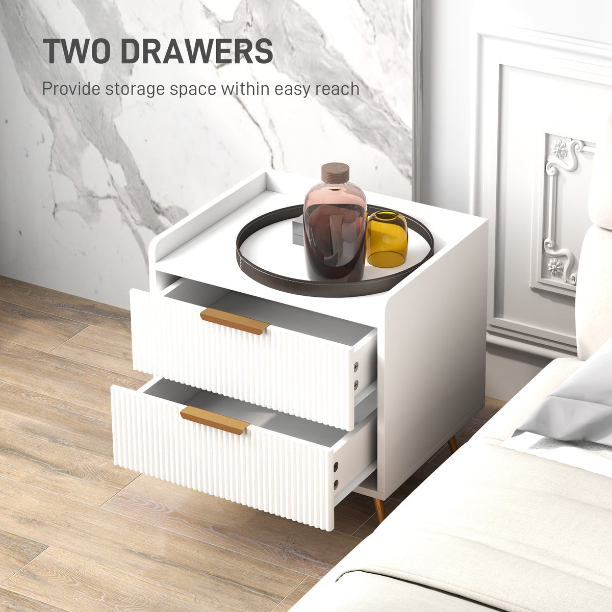 Nightstand - White 2-Drawer Bedside Table with Gold Handles-Nightstands-DECOROLALA
