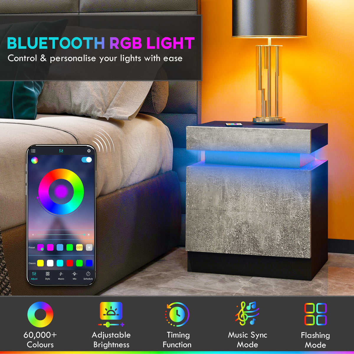 Nightstand with 16-Color LED Lights & 2 Drawers - Cement Grey-Nightstands-DECOROLALA