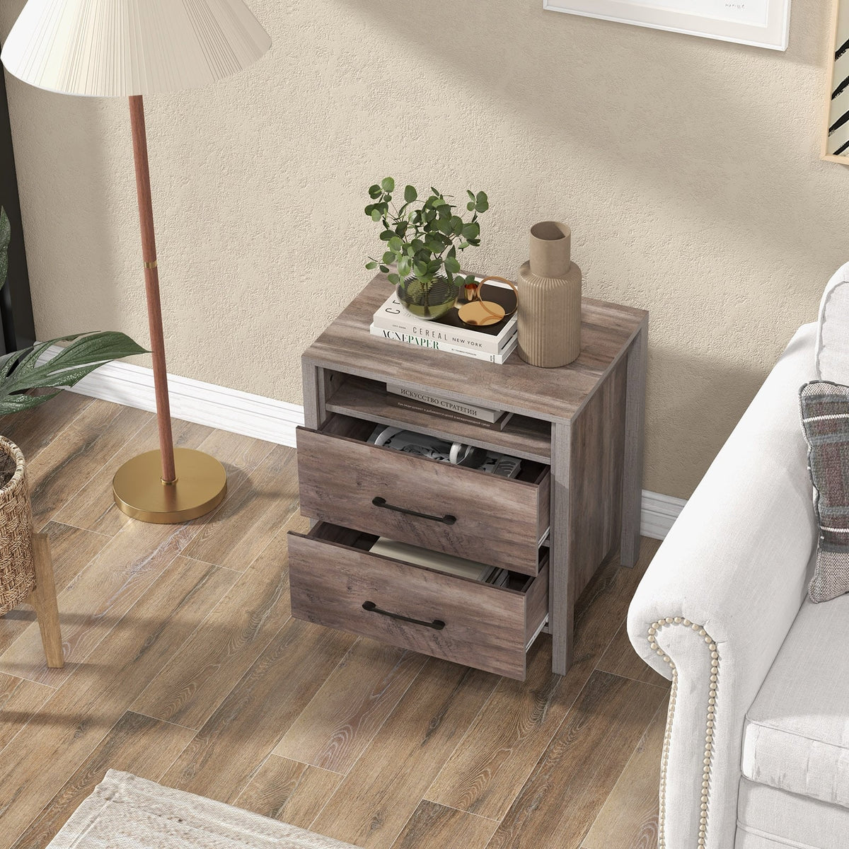 Nightstand with 2 Drawers Farmhouse Bed Side Table with Open Storage Shelf-Grey-Nightstands-DECOROLALA