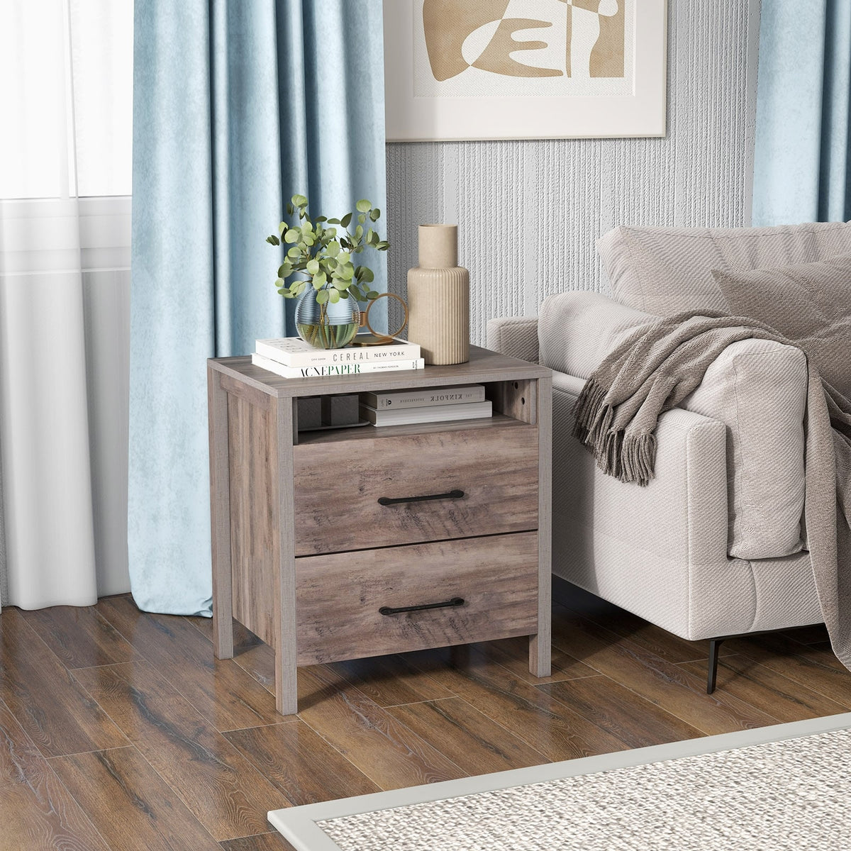 Nightstand with 2 Drawers Farmhouse Bed Side Table with Open Storage Shelf-Grey-Nightstands-DECOROLALA