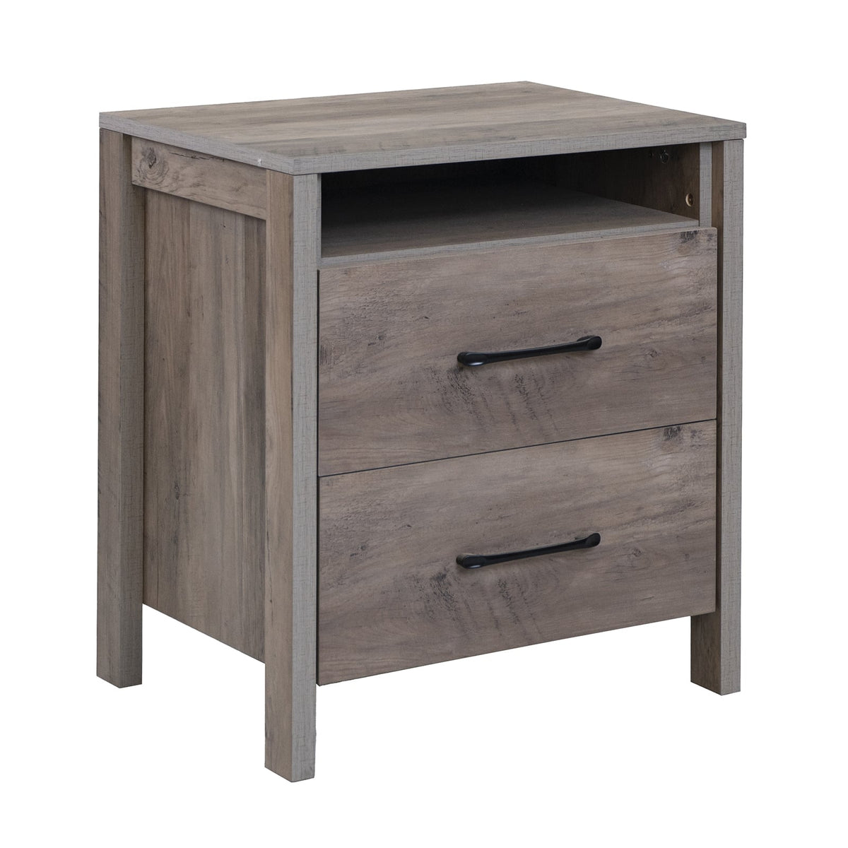 Nightstand with 2 Drawers Farmhouse Bed Side Table with Open Storage Shelf-Grey-Nightstands-DECOROLALA