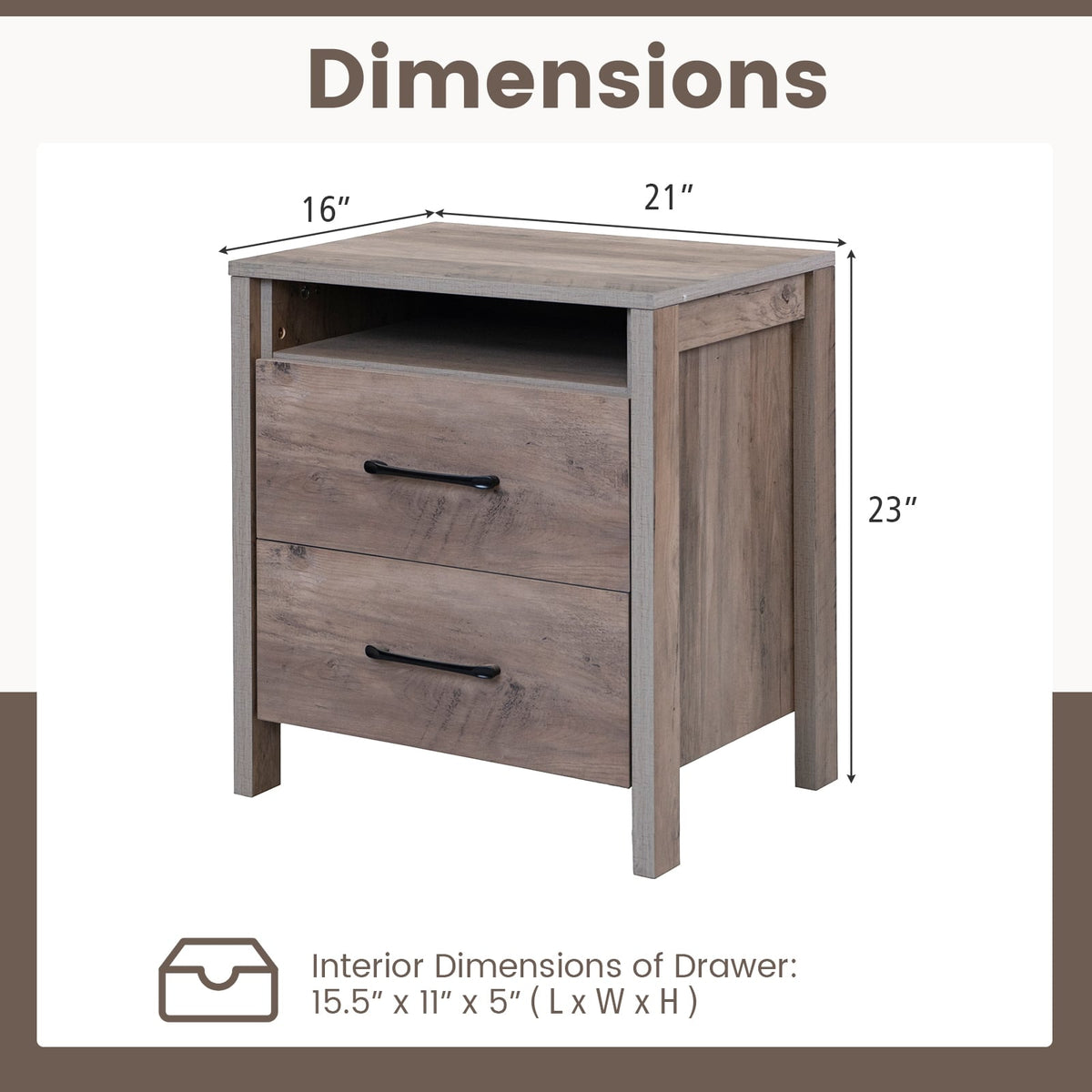 Nightstand with 2 Drawers Farmhouse Bed Side Table with Open Storage Shelf-Grey-Nightstands-DECOROLALA