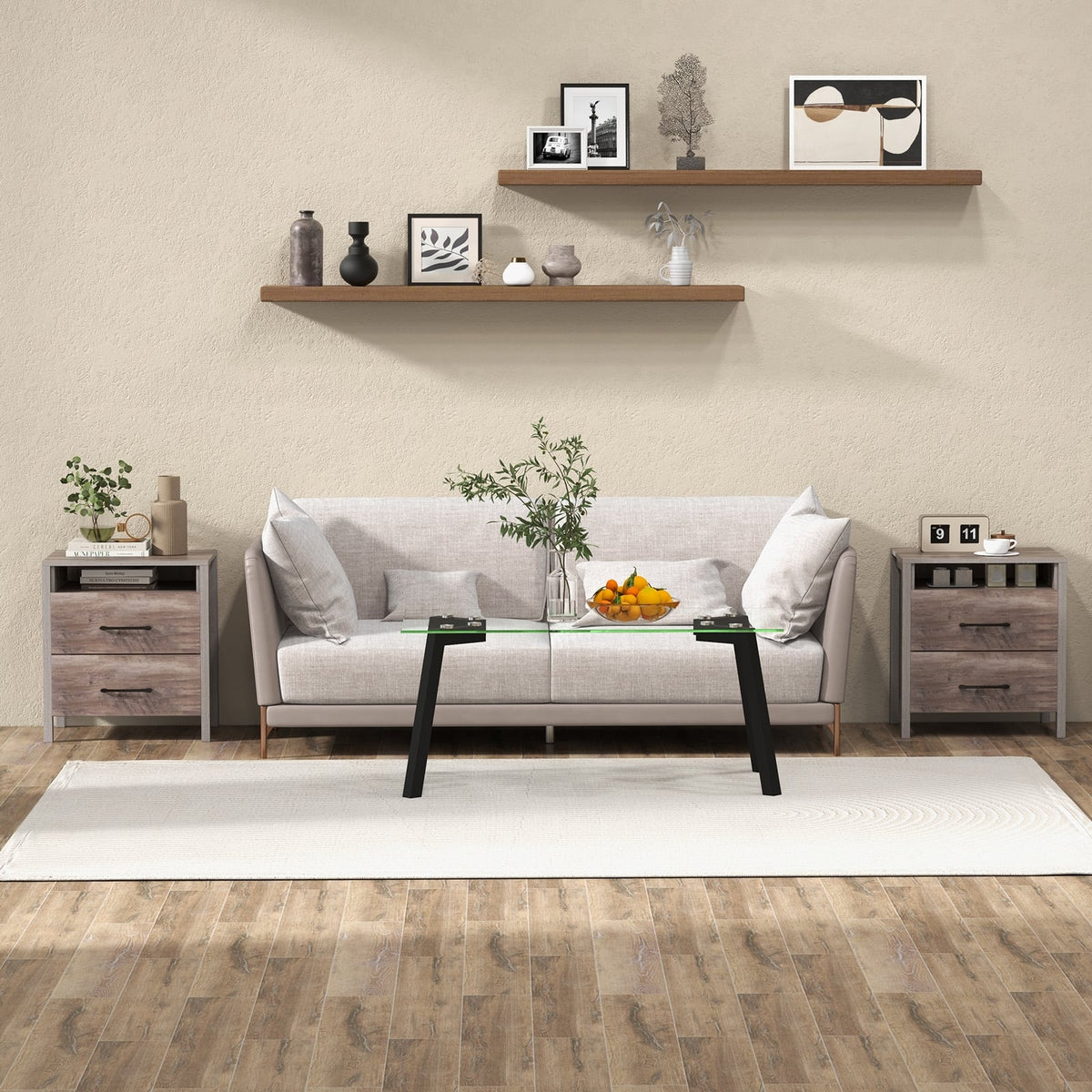 Nightstand with 2 Drawers Farmhouse Bed Side Table with Open Storage Shelf-Grey-Nightstands-DECOROLALA