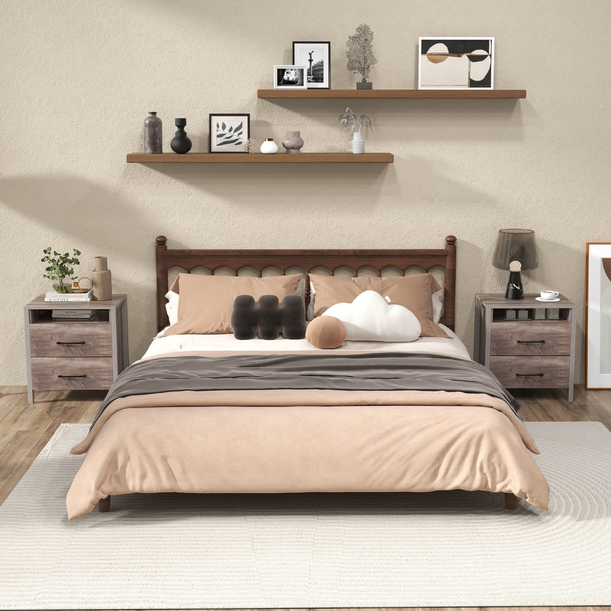 Nightstand with 2 Drawers Farmhouse Bed Side Table with Open Storage Shelf-Grey-Nightstands-DECOROLALA