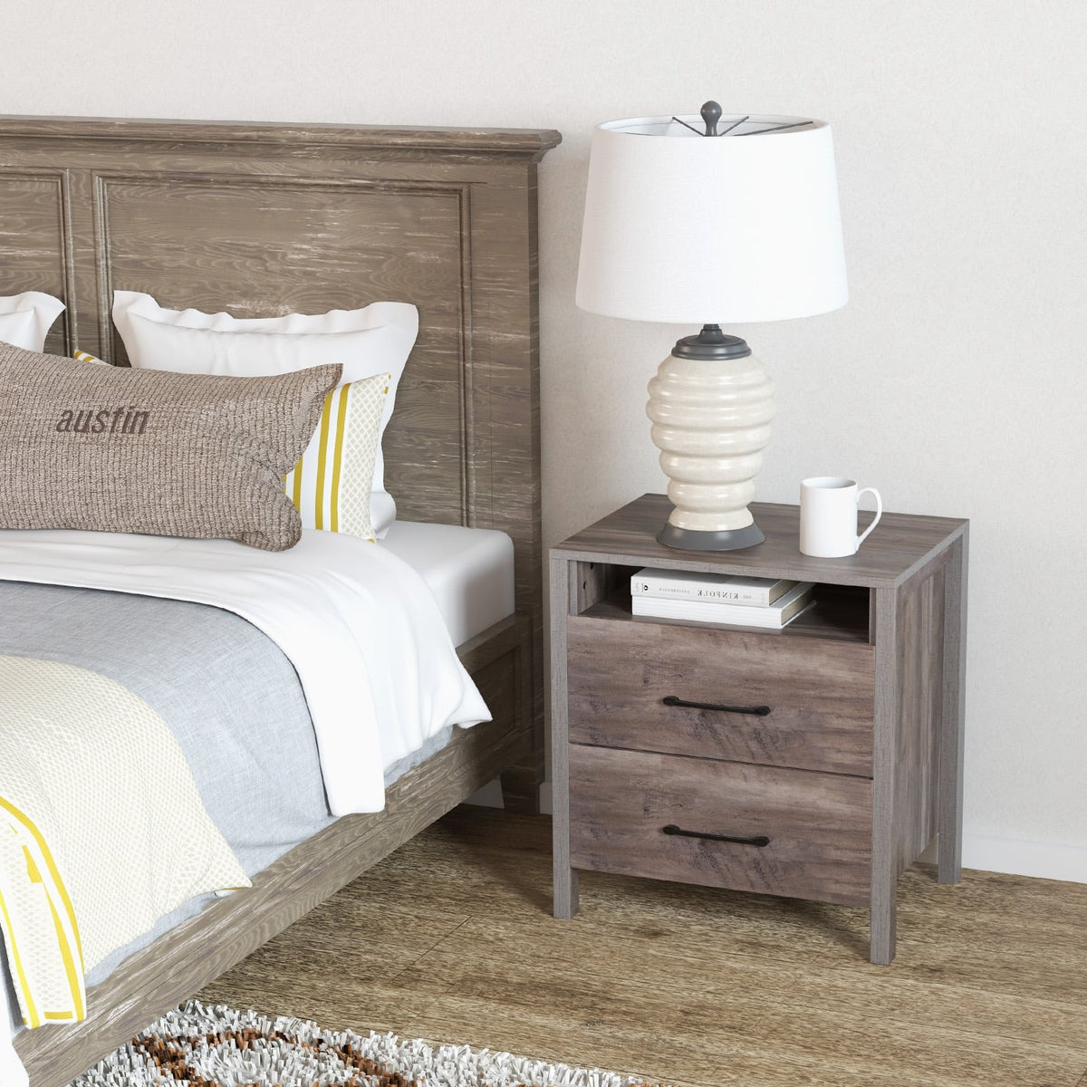 Nightstand with 2 Drawers Farmhouse Bed Side Table with Open Storage Shelf-Grey-Nightstands-DECOROLALA