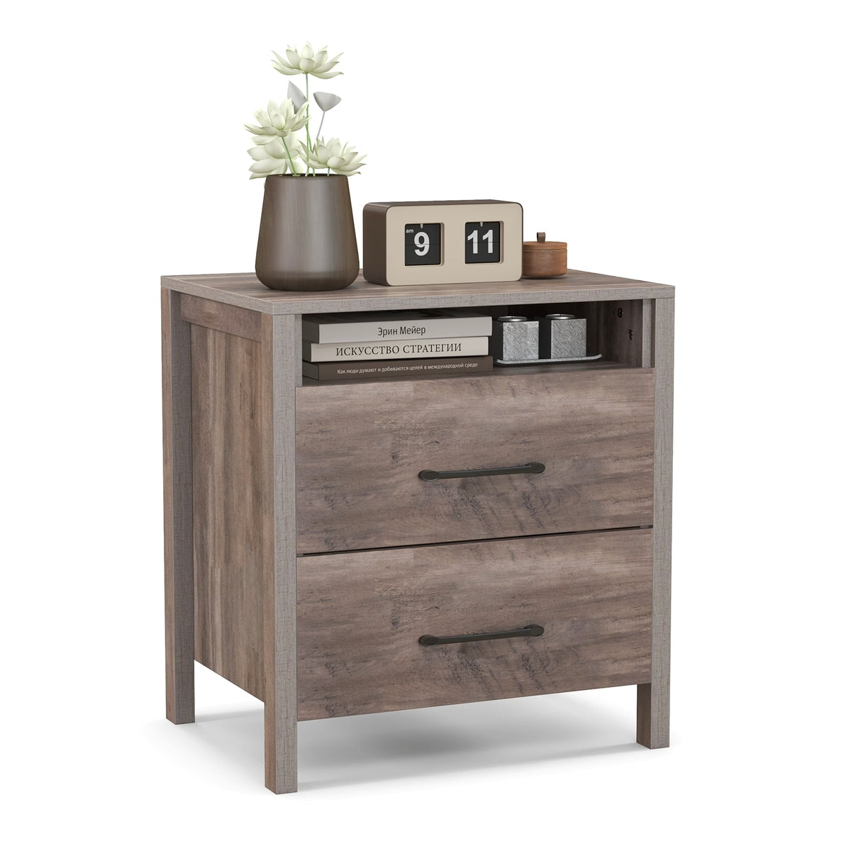 Nightstand with 2 Drawers Farmhouse Bed Side Table with Open Storage Shelf-Grey-Nightstands-DECOROLALA