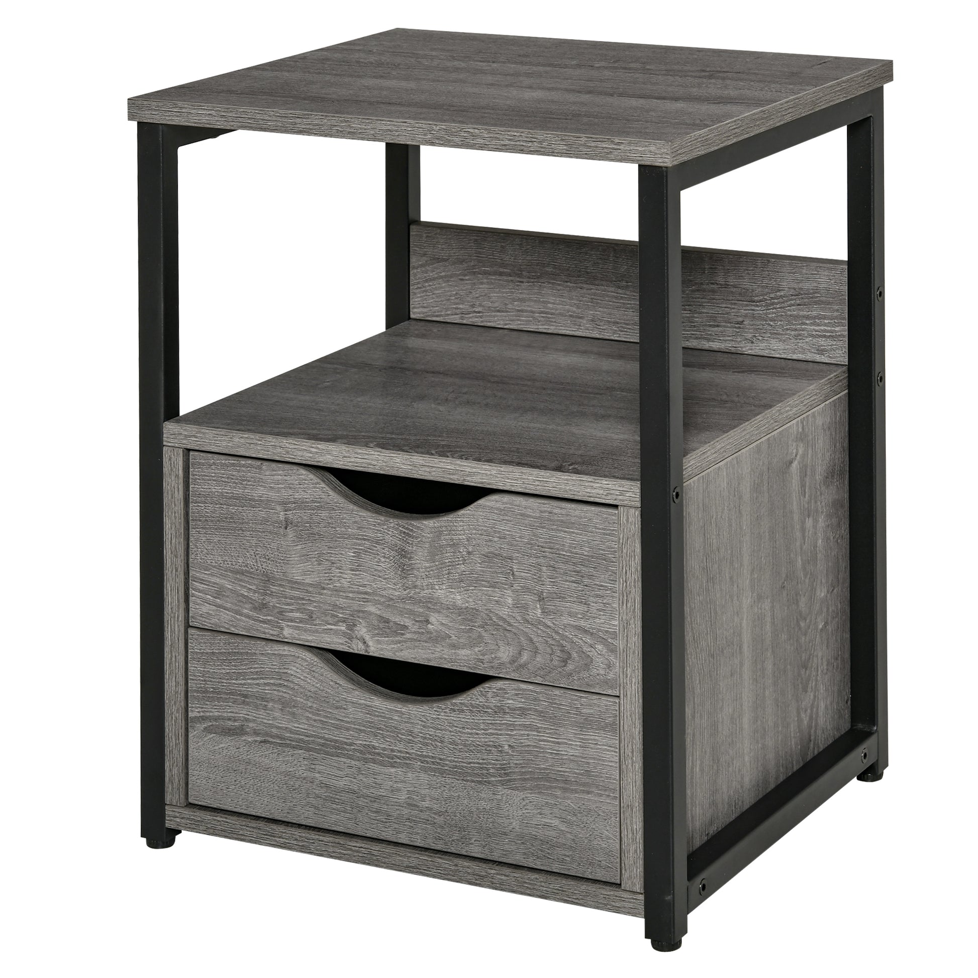 Nightstand with 2 Drawers, Industrial Side Table with Storage Shelf, Accent End Table for Bedroom, Living Room, Grey-Home Furnishings > Living Room Furniture > Side¬†Tables-DECOROLALA