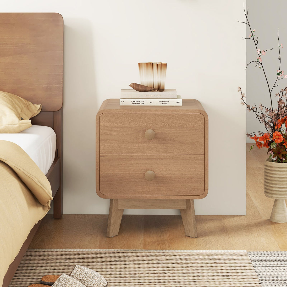 Nightstand with 2 Drawers Solid Rubber Wood Legs-Brown-Nightstands-DECOROLALA