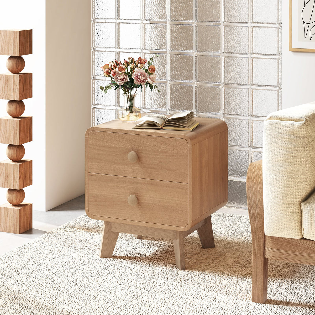 Nightstand with 2 Drawers Solid Rubber Wood Legs-Brown-Nightstands-DECOROLALA