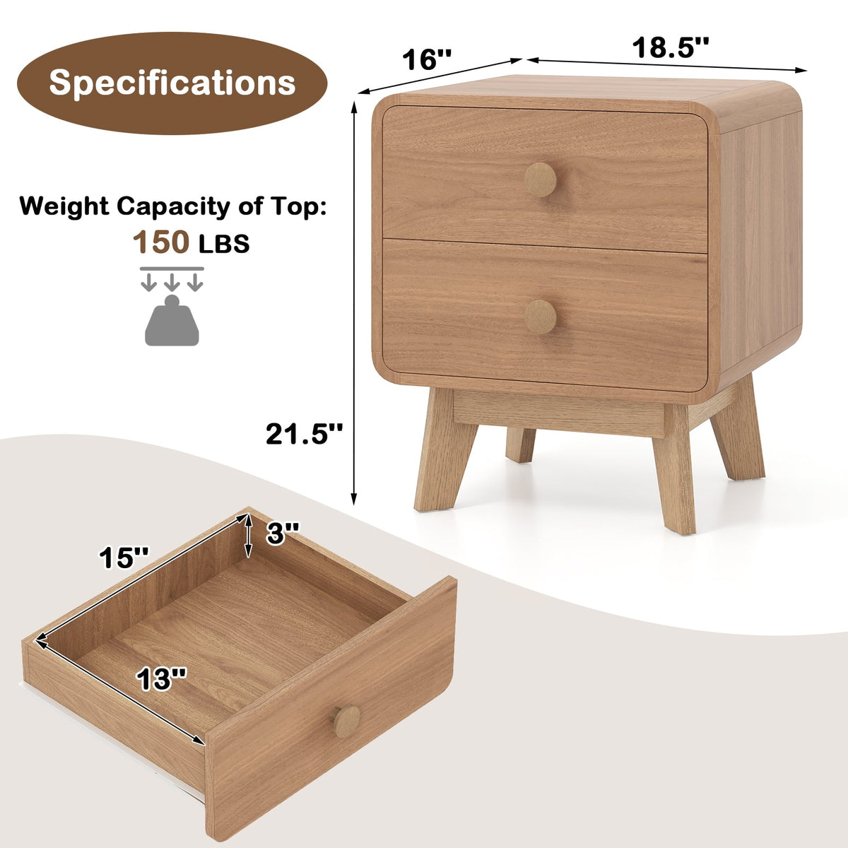 Nightstand with 2 Drawers Solid Rubber Wood Legs-Brown-Nightstands-DECOROLALA