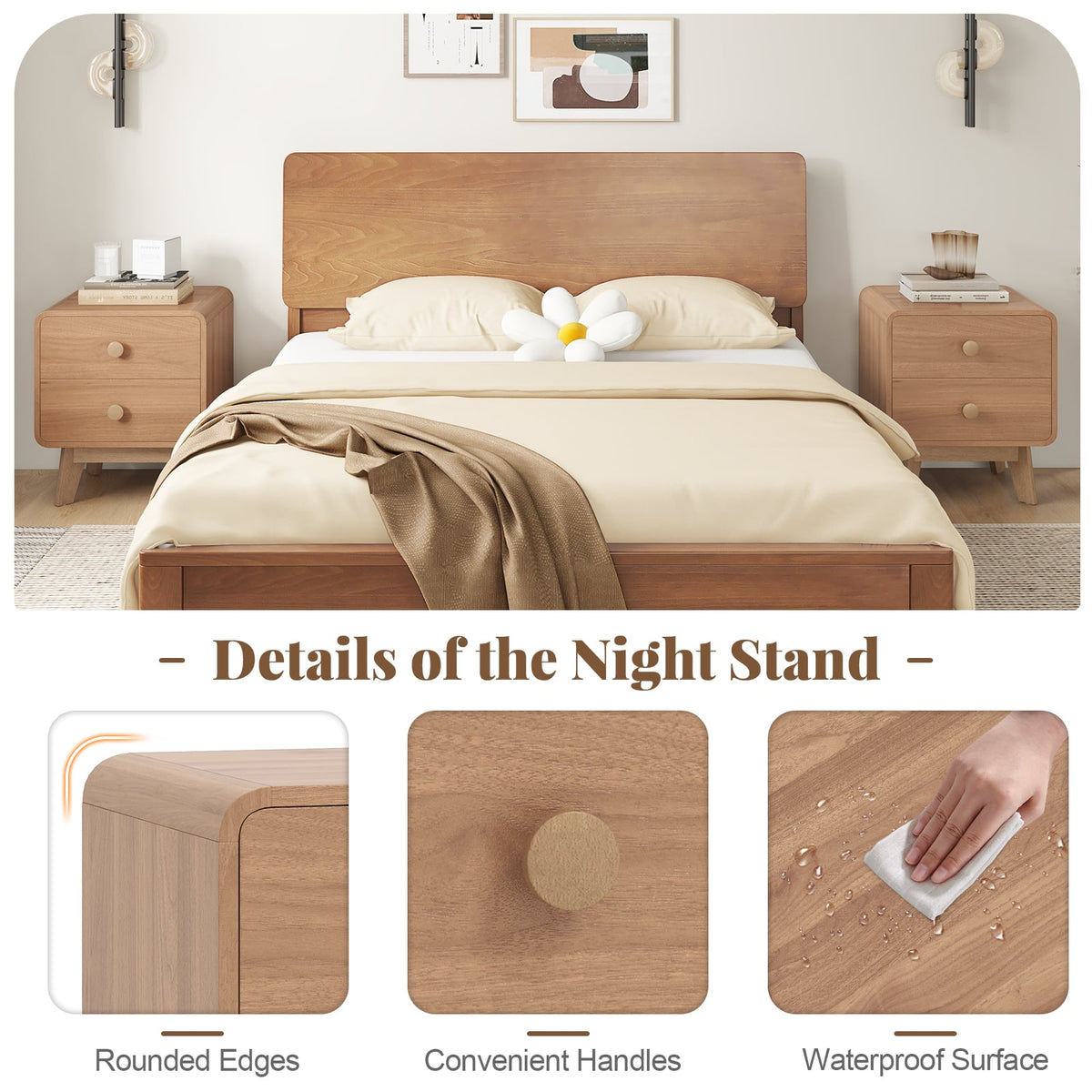 Nightstand with 2 Drawers Solid Rubber Wood Legs-Brown-Nightstands-DECOROLALA