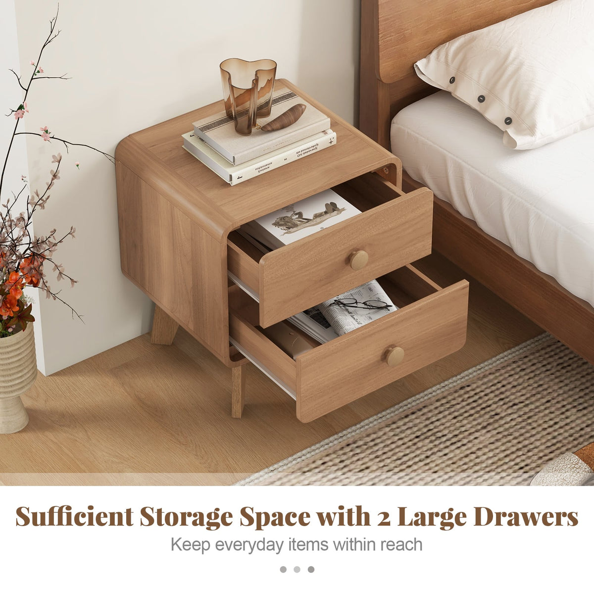 Nightstand with 2 Drawers Solid Rubber Wood Legs-Brown-Nightstands-DECOROLALA