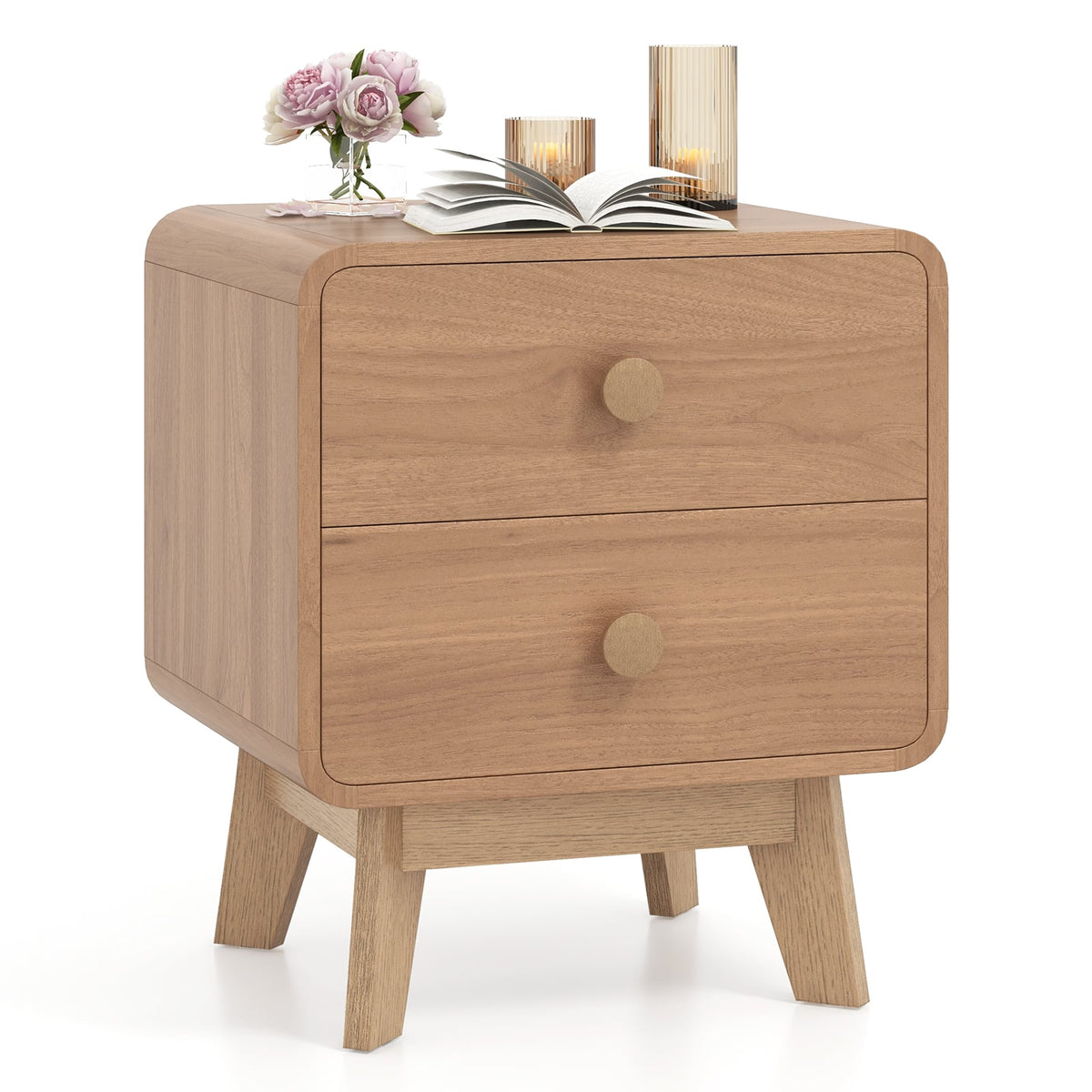 Nightstand with 2 Drawers Solid Rubber Wood Legs-Brown-Nightstands-DECOROLALA