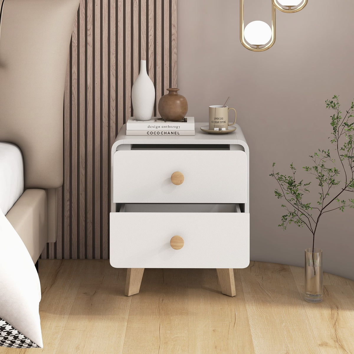 Nightstand with 2 Drawers Solid Rubber Wood Legs-White-Nightstands-DECOROLALA